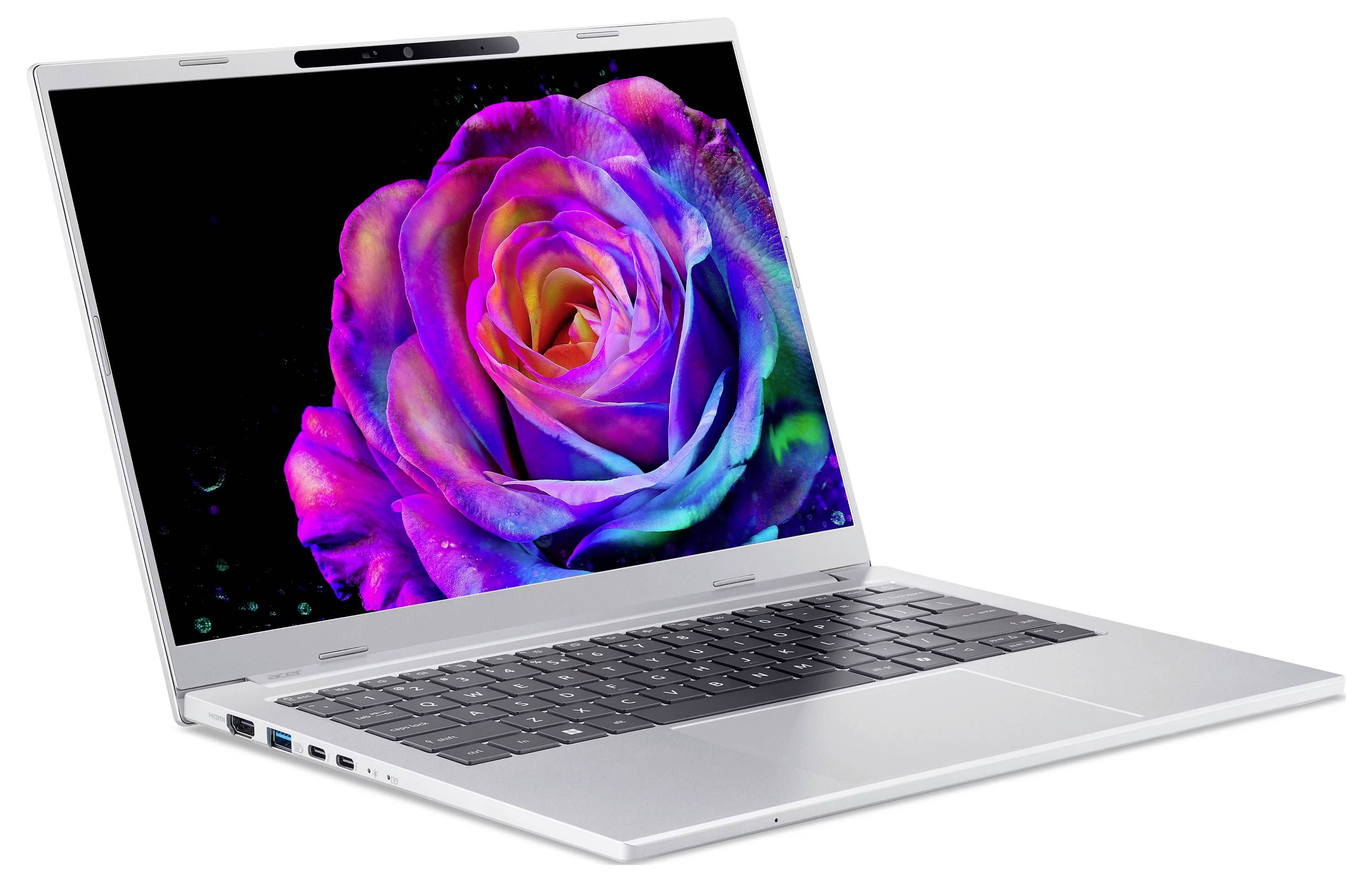 Silberner Laptop, auf dem eine leuchtende Neonrose auf dem Bildschirm angezeigt wird.