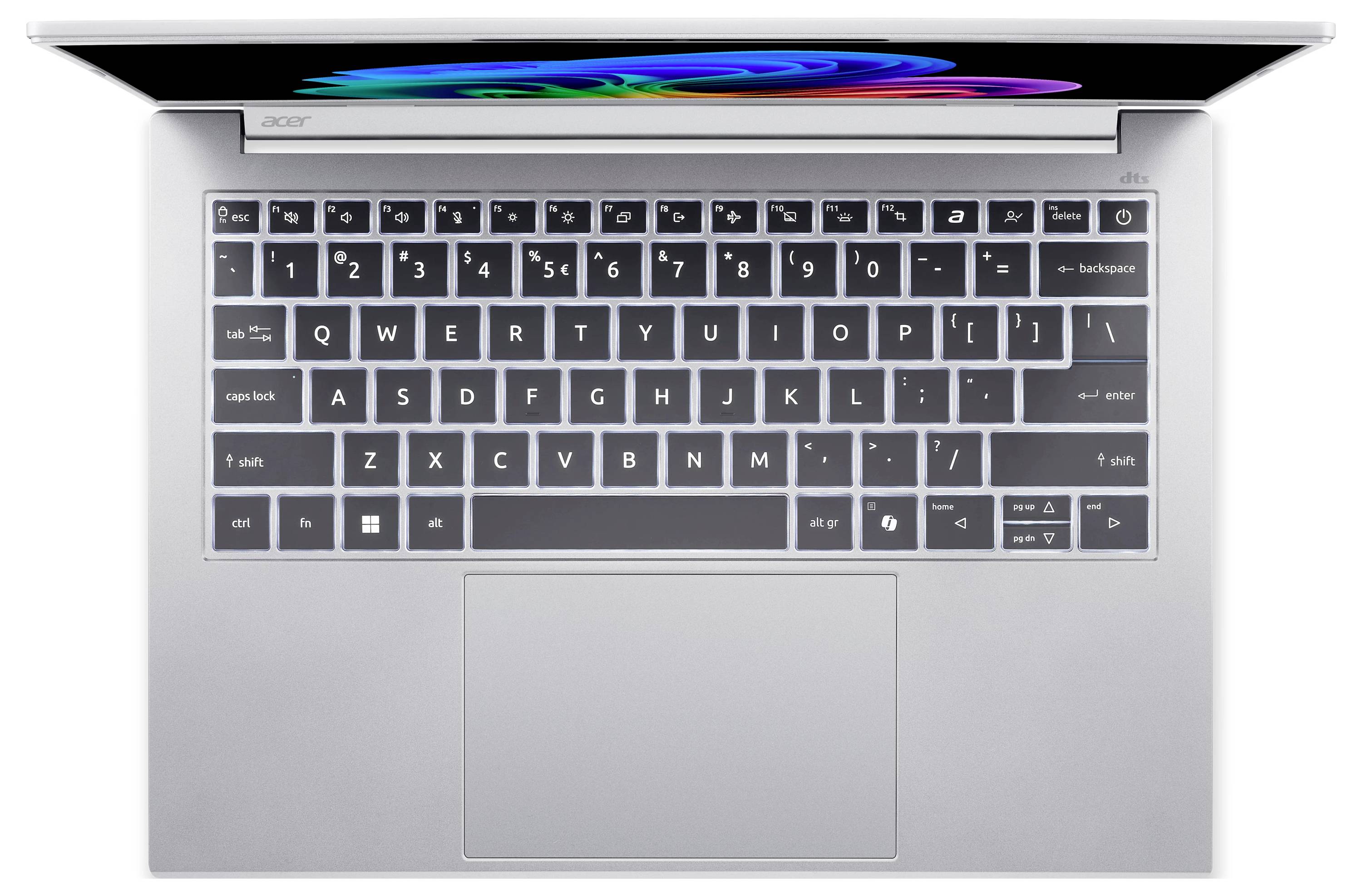 Draufsicht auf einen offenen Acer-Laptop mit sichtbarer Tastatur, Touchpad und teilweise sichtbarem Bildschirmscharnier.