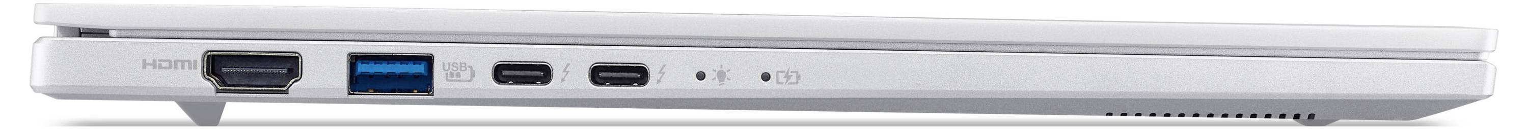 Seitenansicht eines schlanken silbernen Laptops, die zwei USB-Anschlüsse, einen HDMI-Anschluss, Lüftungsschlitze und eine Kopfhörerbuchse an der linken Seite zeigt.