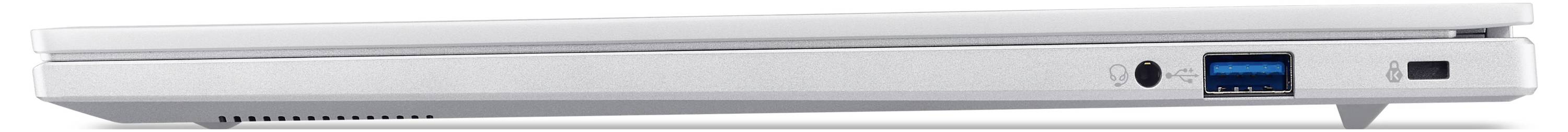 Seitenansicht eines silbernen Laptops mit einem USB-Anschluss, Lüftungsschlitzen und einem schwarzen Netzschalter am rechten Rand.