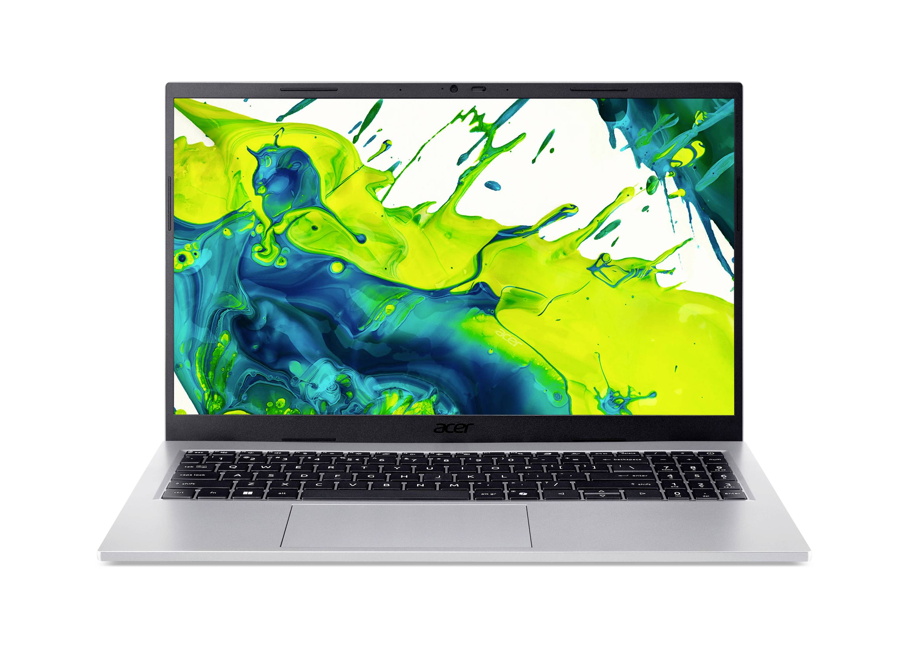 Ein silberner Acer-Laptop, geöffnet auf weißem Hintergrund, zeigt einen hellen abstrakten blau-, grün- und gelbfarbigen Spritzer auf dem Bildschirm.