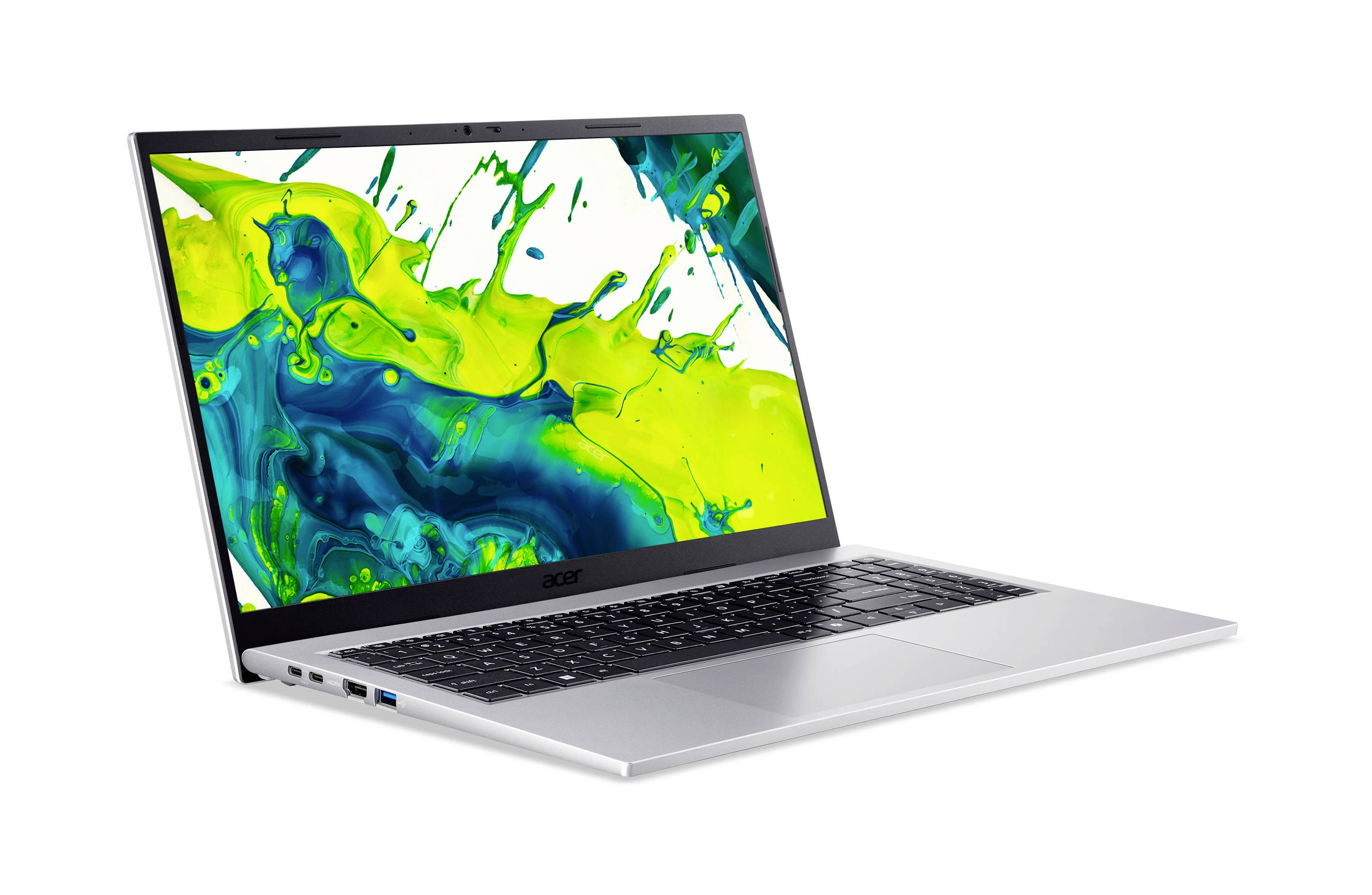 Silberner Laptop in schräger Position geöffnet mit hellem abstraktem grünem und blauem Bildschirm auf weißem Hintergrund.