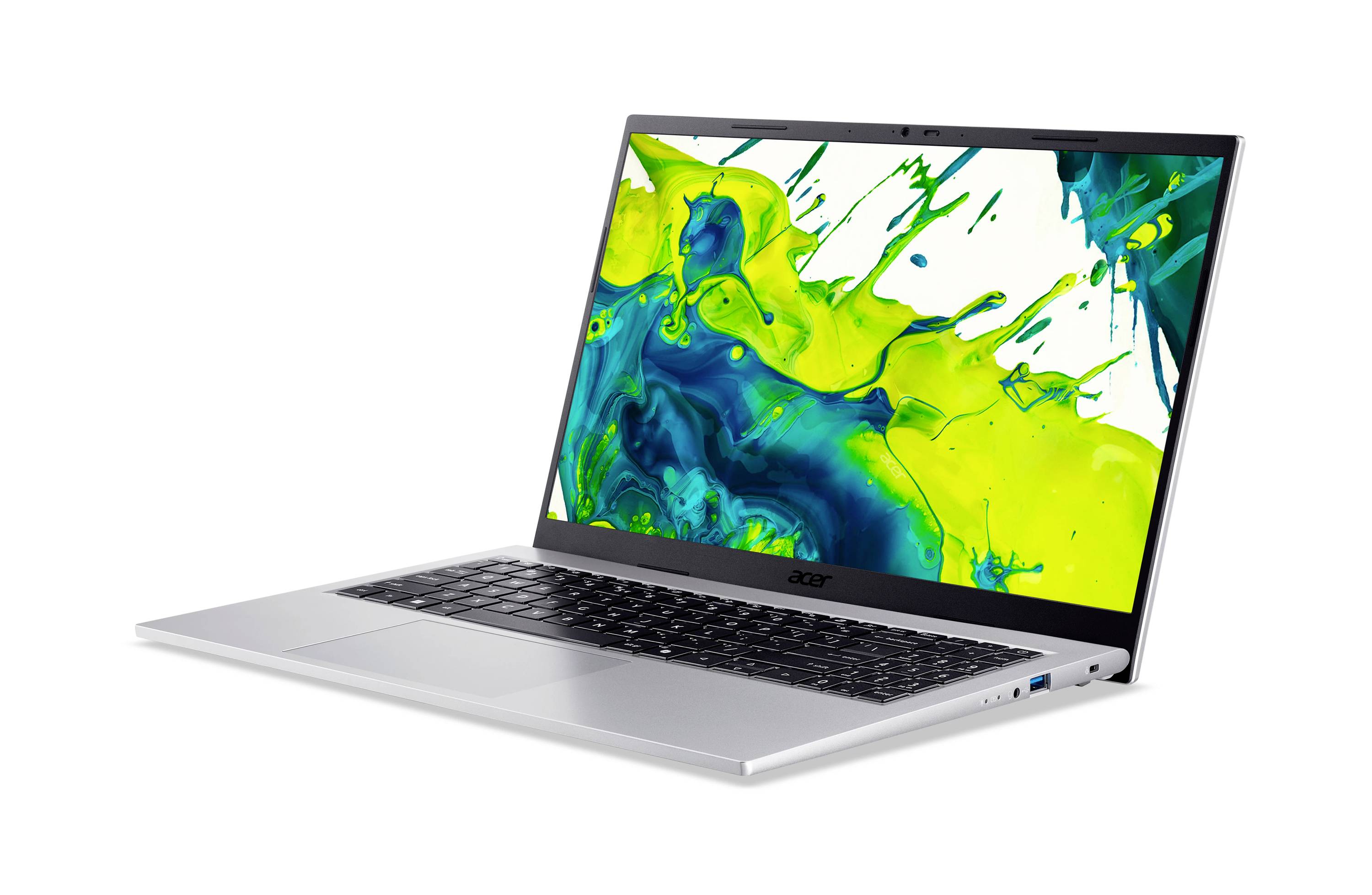 Silberner Acer-Laptop auf weißem Hintergrund geöffnet, zeigt einen leuchtend grünen und blauen abstrakten Spritzer auf dem Bildschirm.
