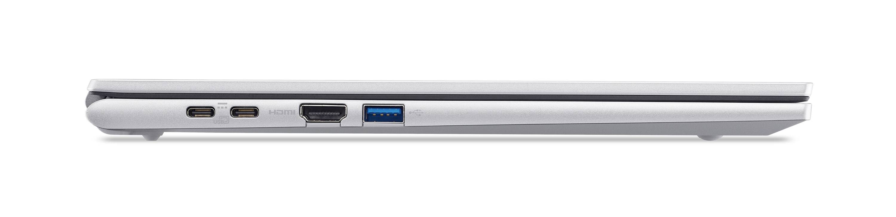 Seitenansicht eines silbernen Laptops, die seine linke Kante mit Anschlüssen zeigt: zwei USB-C, HDMI, USB-A und eine Kopfhörerbuchse.