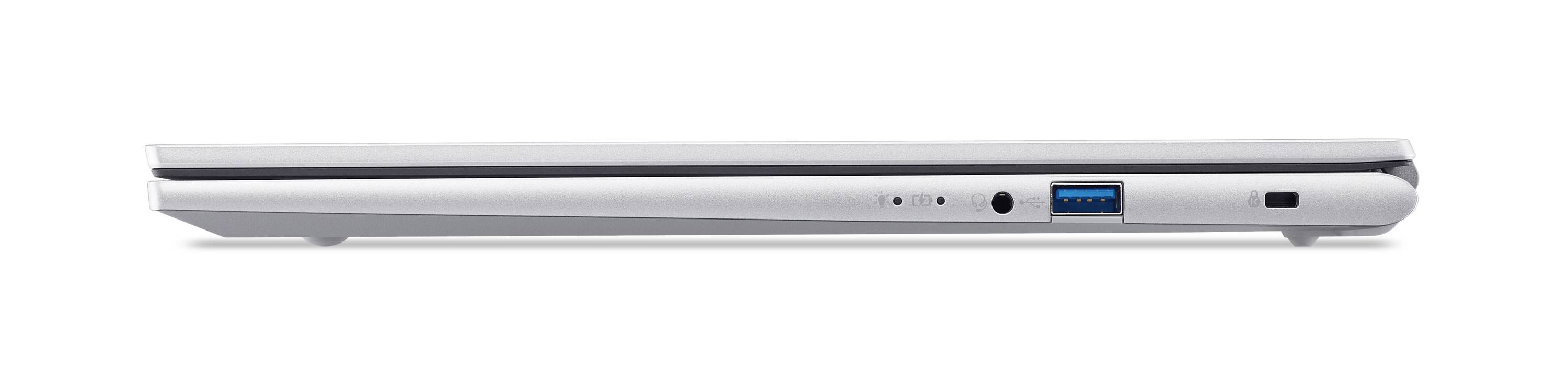 Seitenansicht eines silbernen Laptops, die das geschlossene Profil mit Anschlüssen an der rechten Kante zeigt.
