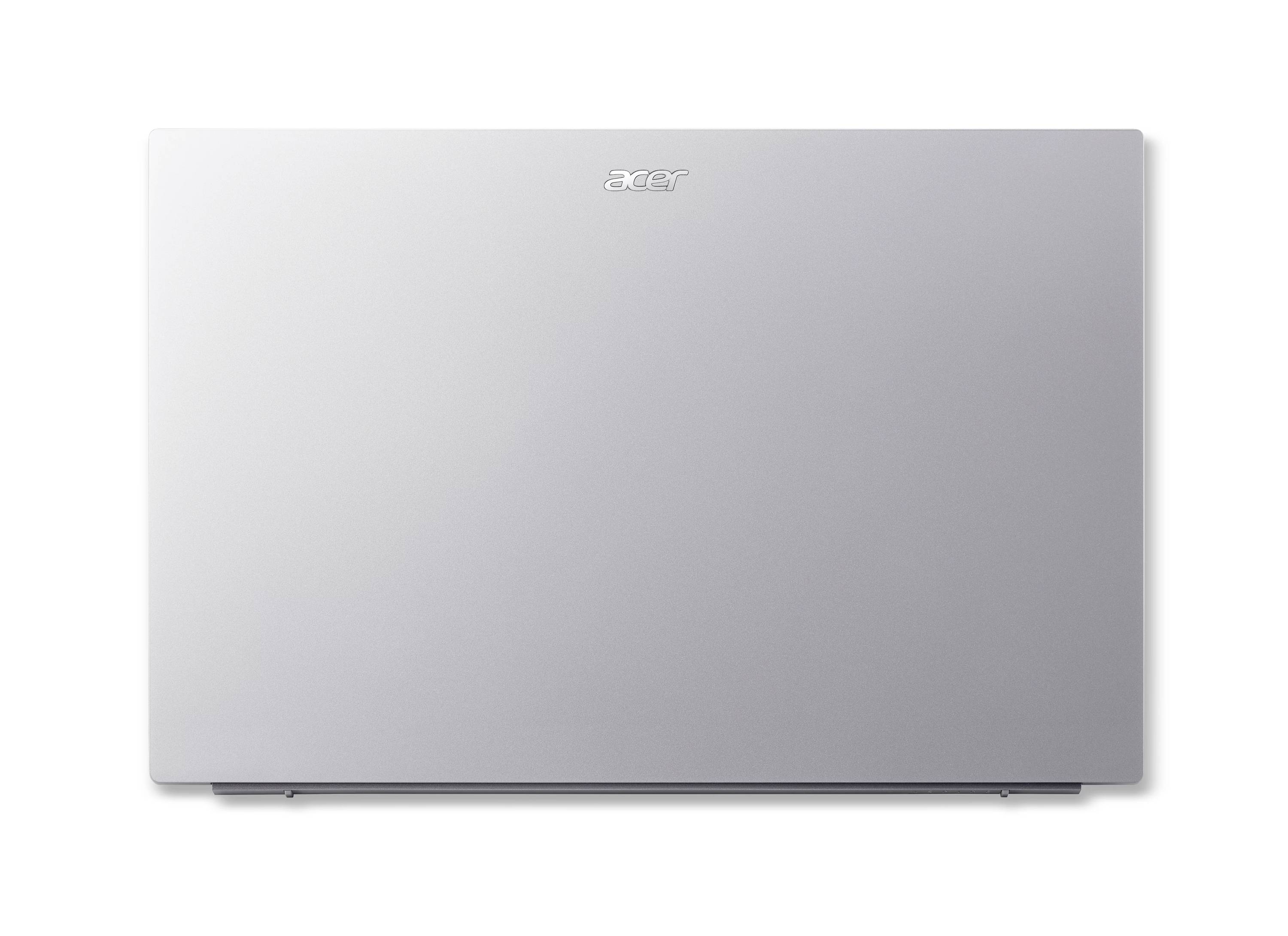 Geschlossener silberner Acer-Laptop von oben auf weißem Hintergrund.