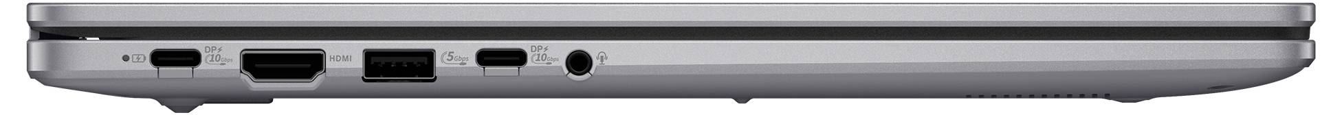 Seitenansicht eines silbernen Laptops mit seinen Anschlüssen an der linken Kante, einschließlich USB, HDMI, Ethernet und Audiobuchse.