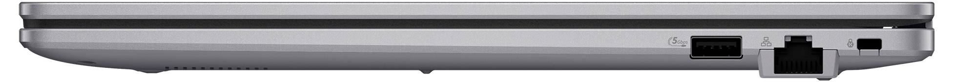 Seitenansicht der Vorderkante eines silbernen Laptops mit sichtbarem USB-Anschluss und Ethernet-Buchse.