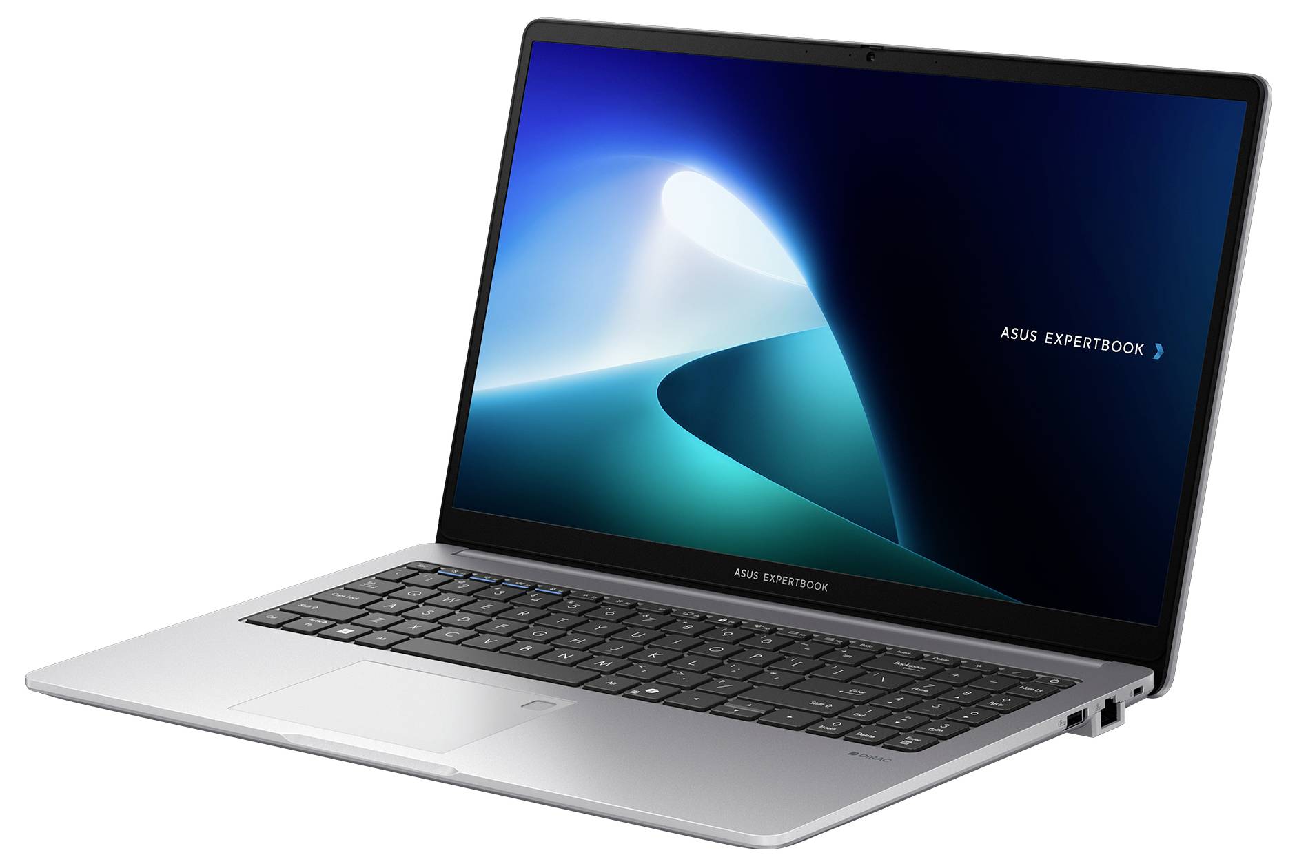 ASUS ExpertBook Laptop in schräger Ansicht mit blauem abstraktem Hintergrund auf dem Bildschirm.