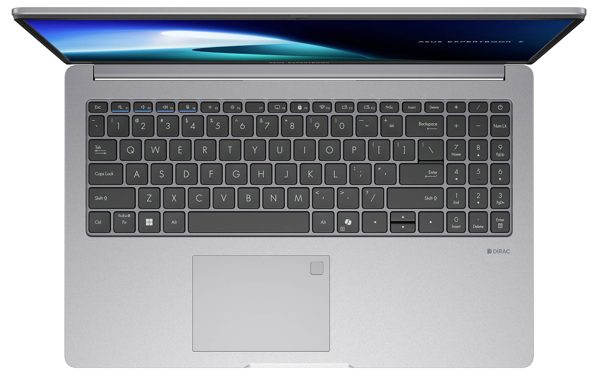 Draufsicht auf einen offenen silbernen Laptop mit einer dunklen Tastatur, großem zentriertem Touchpad und dünnem Display, das eine blaue abstrakte Tapete zeigt.