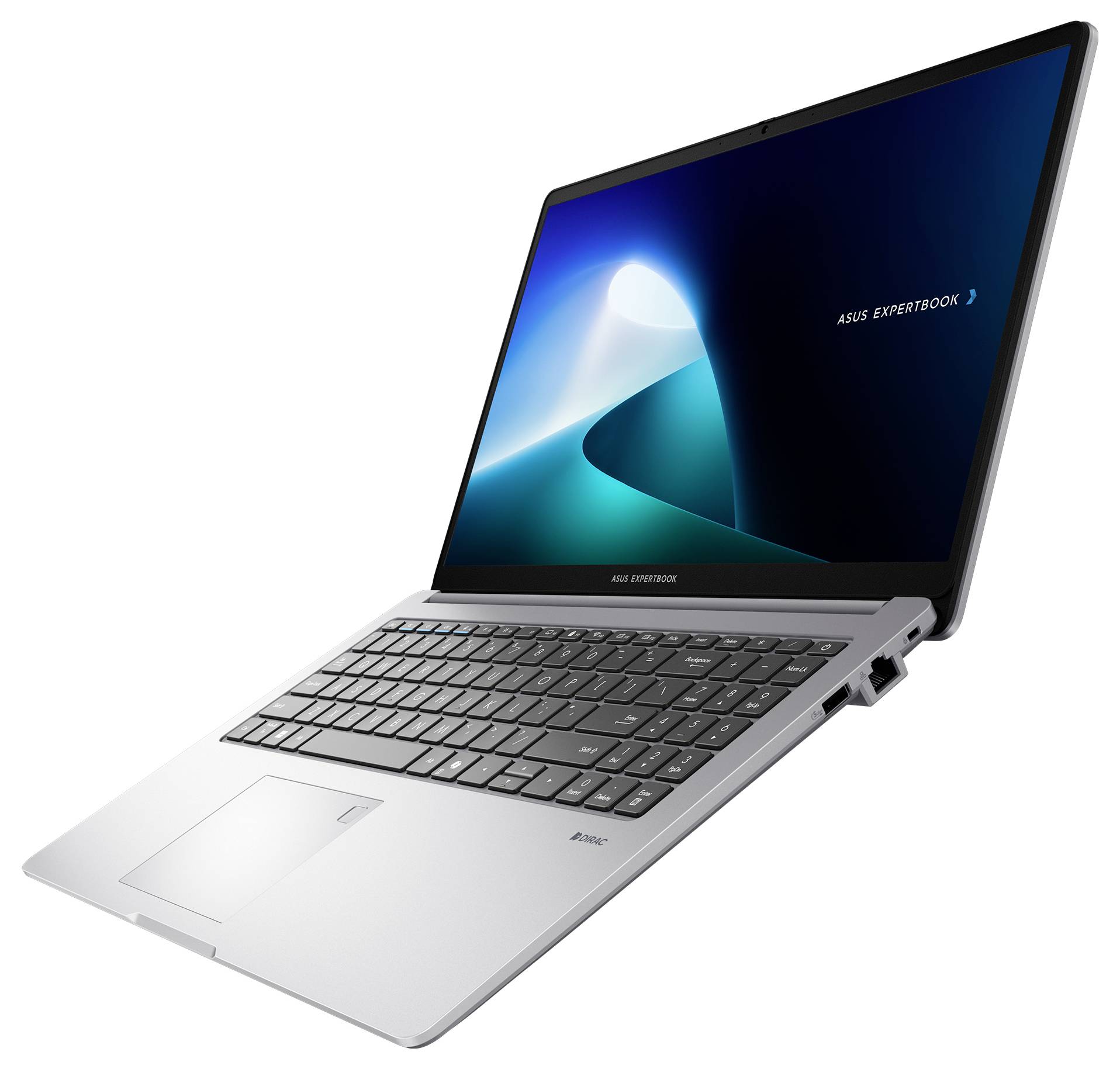 Silberner ASUS ExpertBook-Laptop in schräger Position offen, zeigt die Tastatur, das Touchpad und eine blaue abstrakte Anzeige auf weißem Hintergrund.
