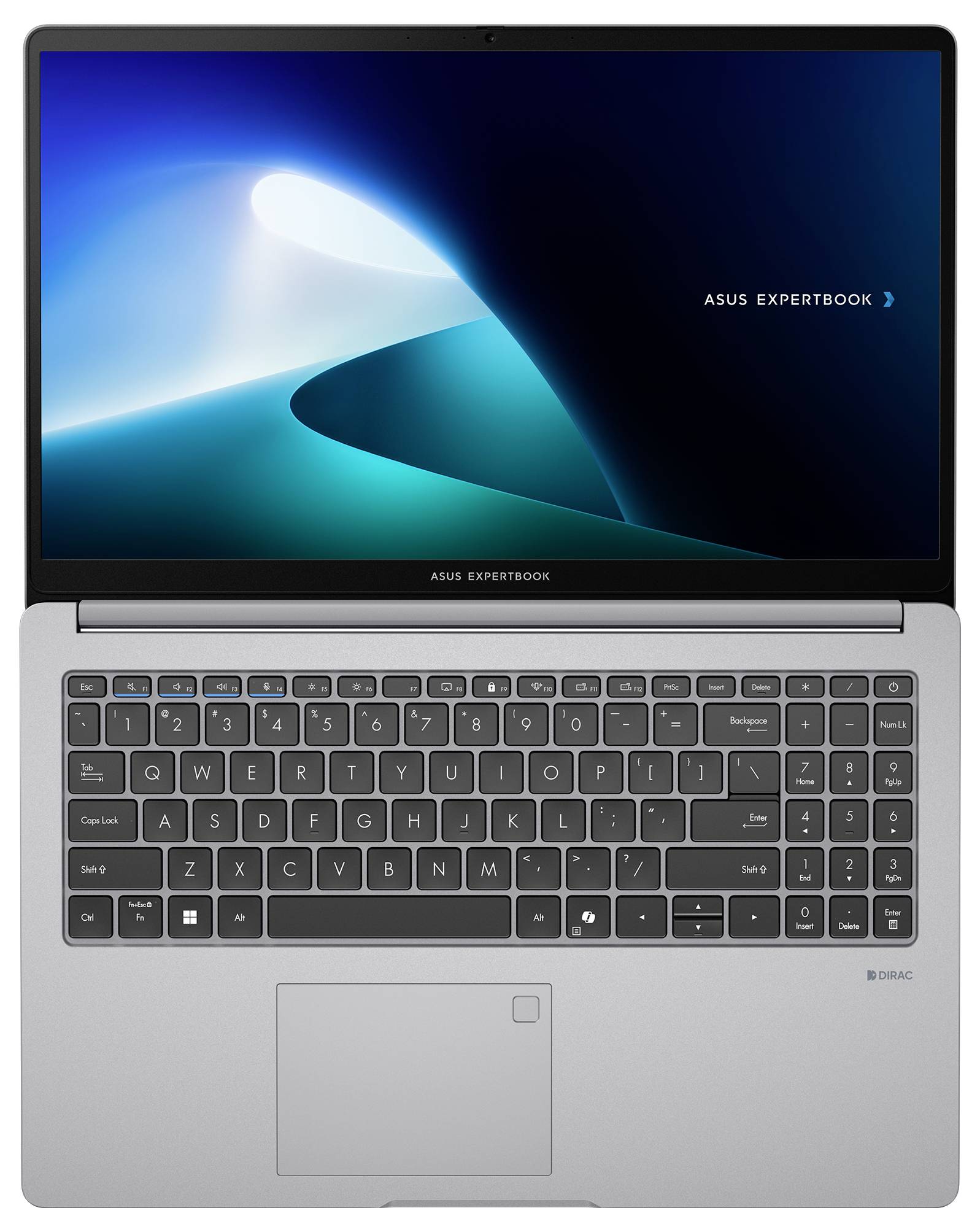 Silberner Asus ExpertBook-Laptop geöffnet mit Bildschirm, der blaue abstrakte Tapete anzeigt, und vollständig sichtbarer Tastatur.