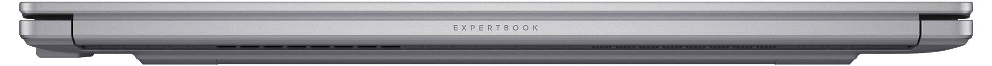 Silberner Laptop in geschlossener Seitensicht gezeigt, mit dem Wort "ExpertBook" auf dem Deckel.