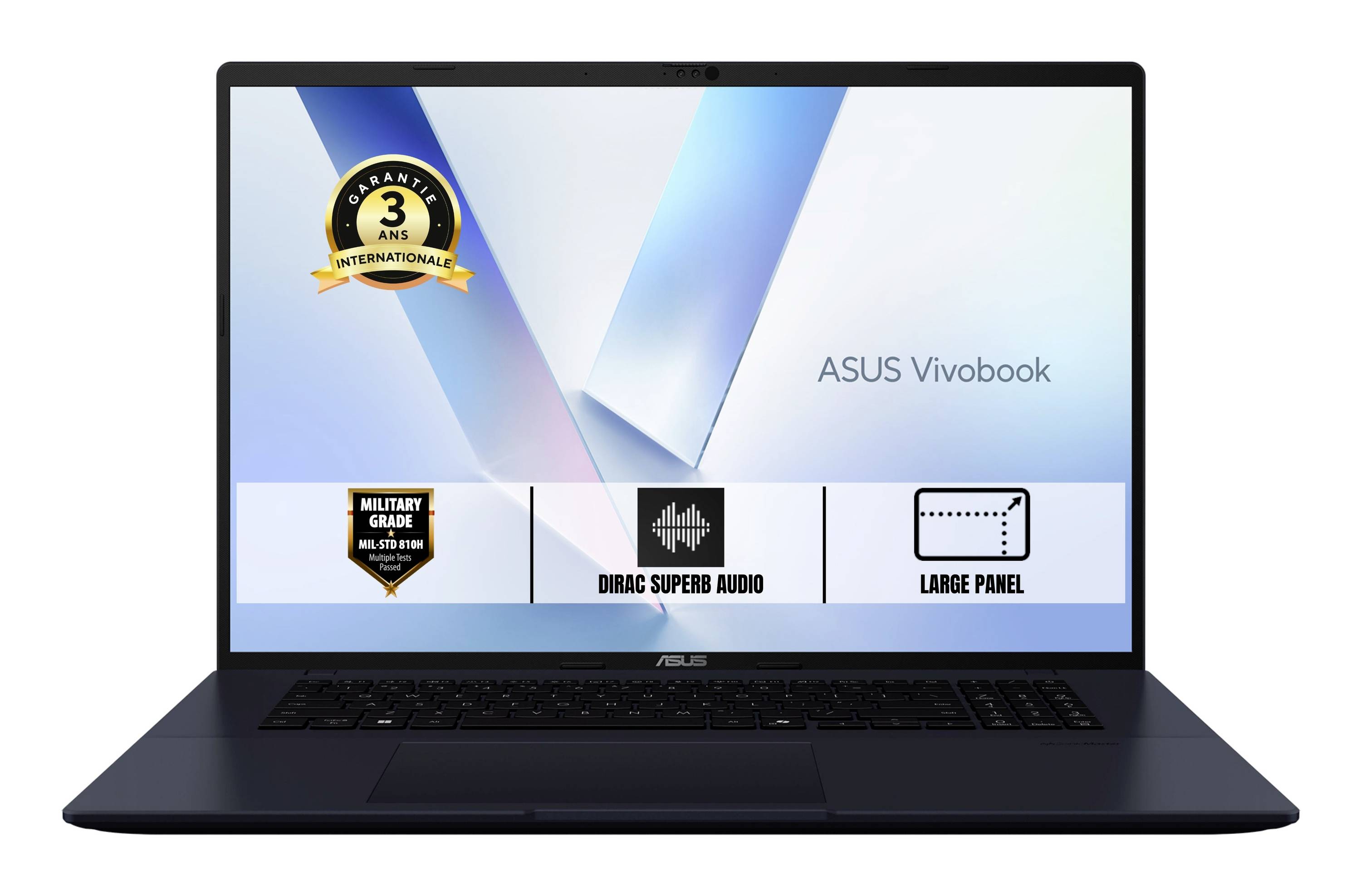 Vorderansicht eines ASUS Vivobook Laptops mit Werbebadges für 3-jährige internationale Garantie, Militärstandard-Haltbarkeit, Stereo-Audio und ein großes Display-Panel.