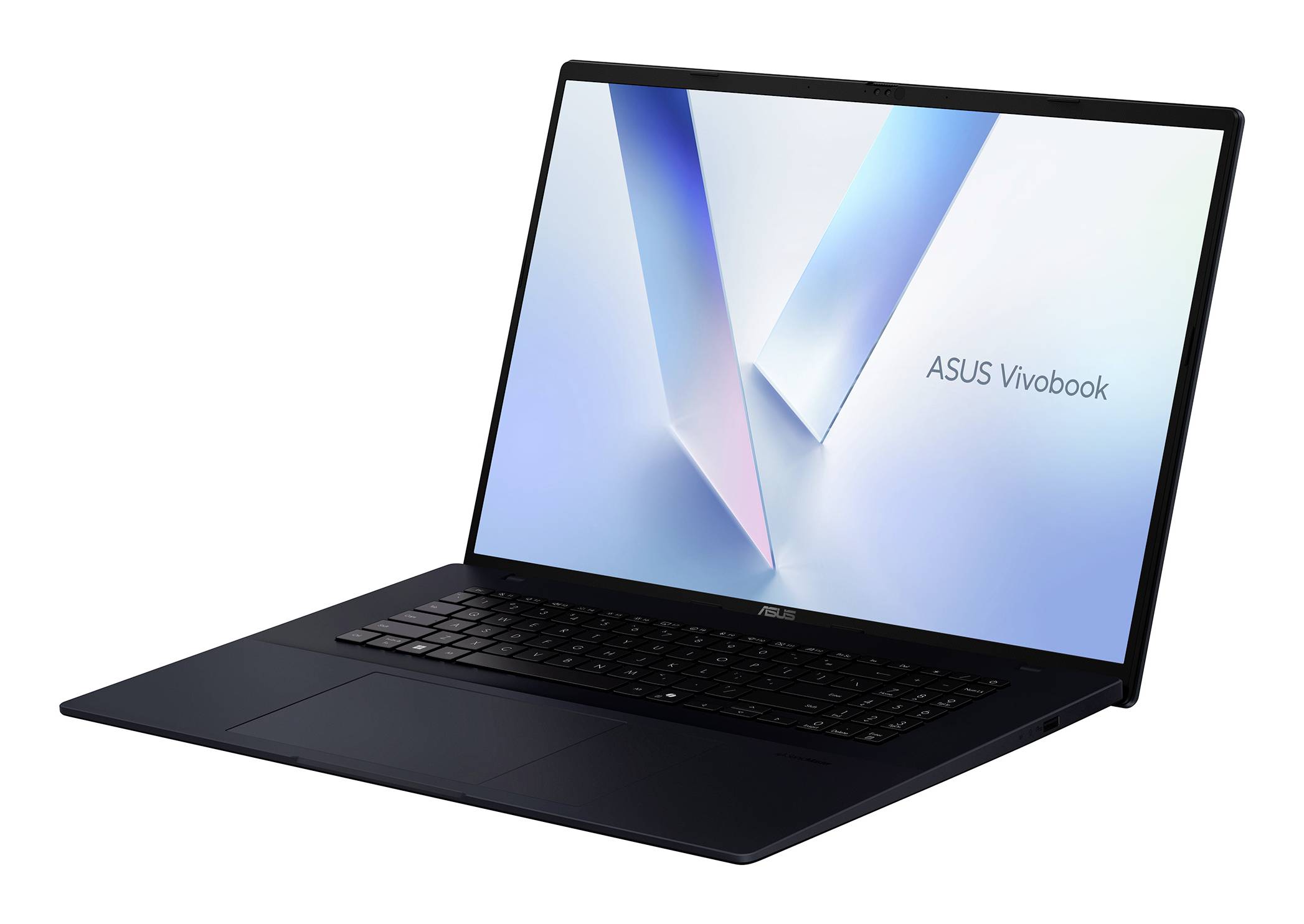 Öffnen Sie einen ASUS Vivobook-Laptop auf weißem Hintergrund, der die Tastatur und den Bildschirm mit einem blauen V-förmigen Hintergrundbild zeigt.