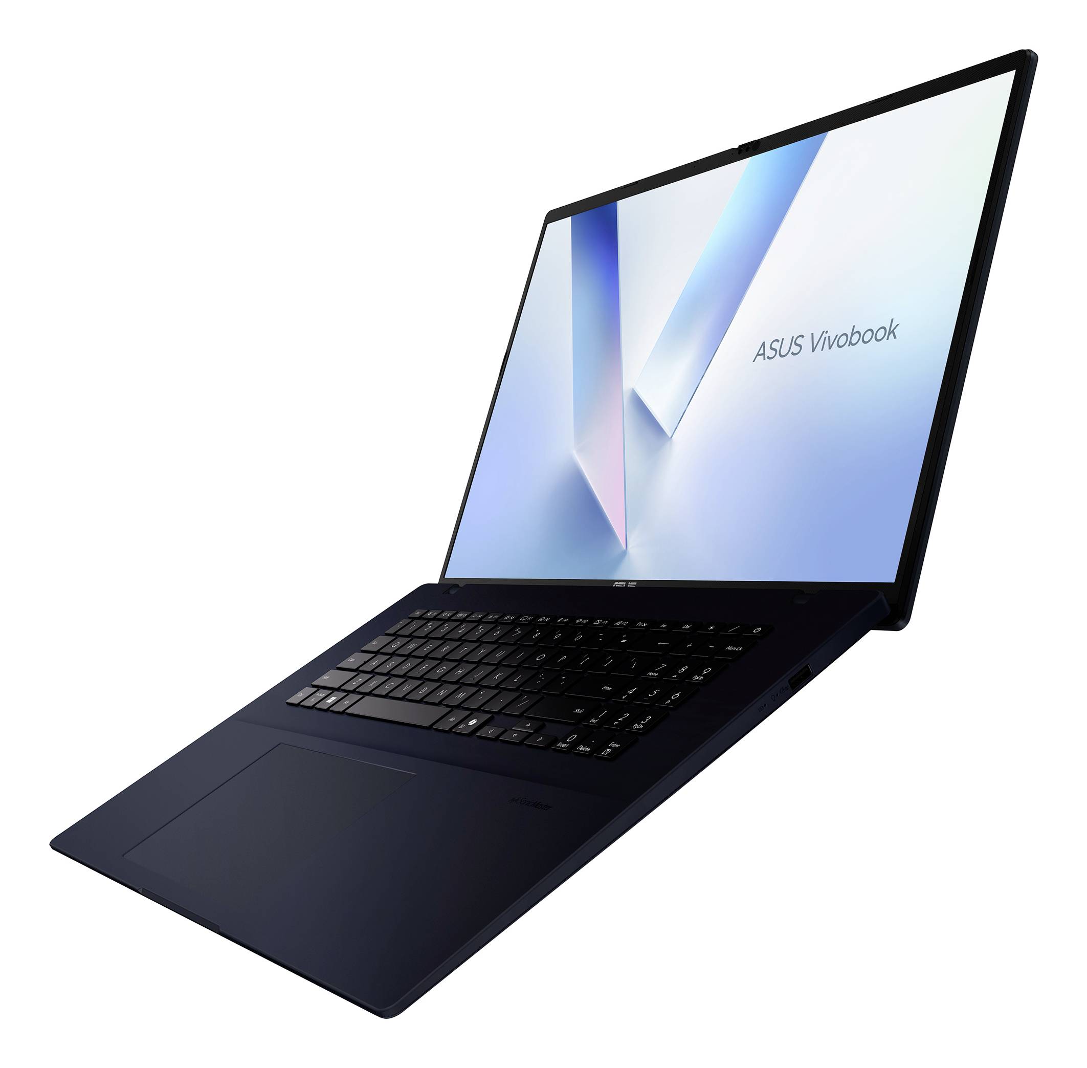 ASUS Vivobook Laptop mit großem Bildschirm und schwarzer Tastatur, schräg auf weißem Hintergrund dargestellt.