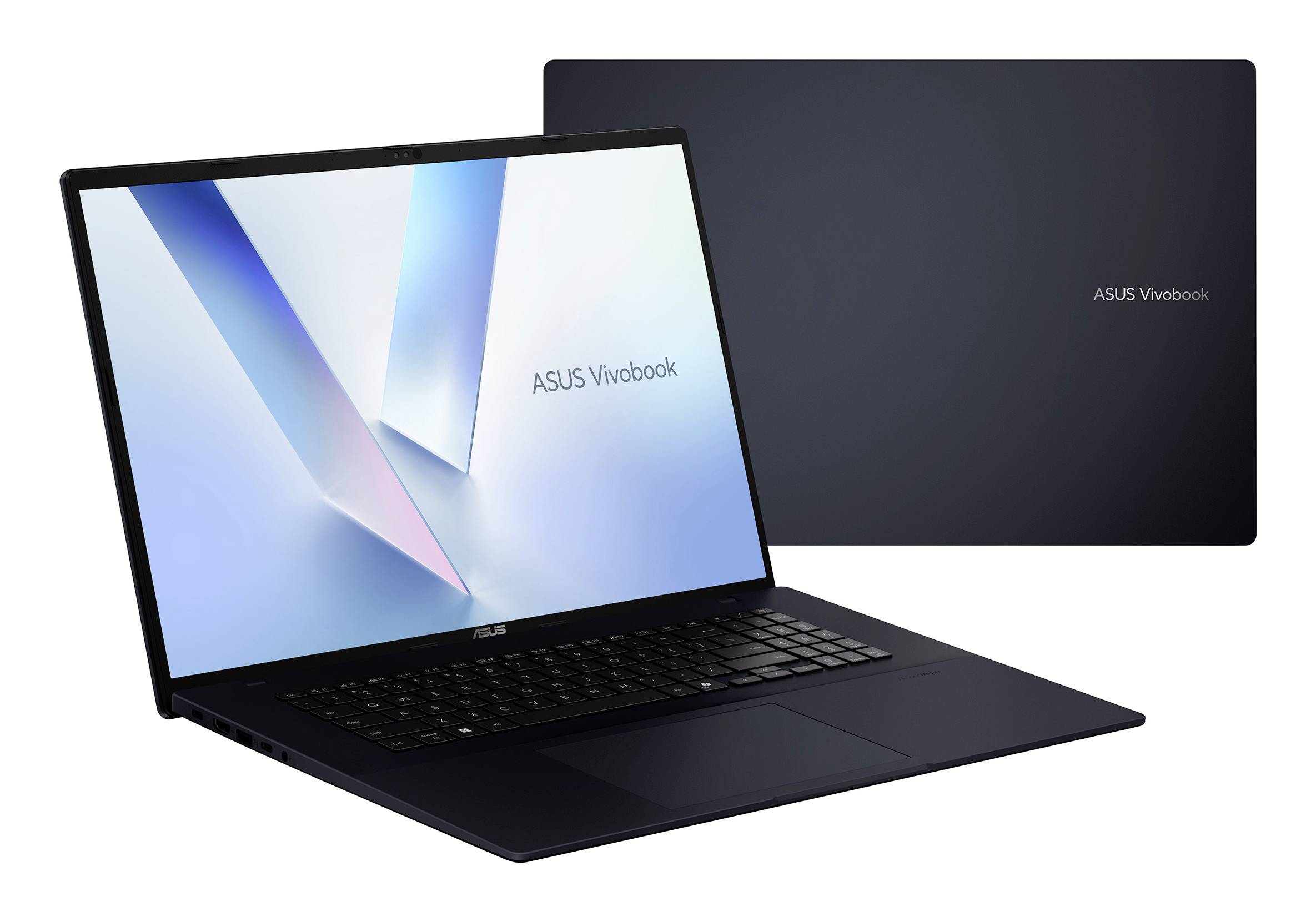 ASUS Vivobook-Laptop, geöffnet von vorne gezeigt, mit einem zweiten geschlossenen Deckel dahinter, das Design von Vorder- und Rückseite des Geräts hervorhebend.