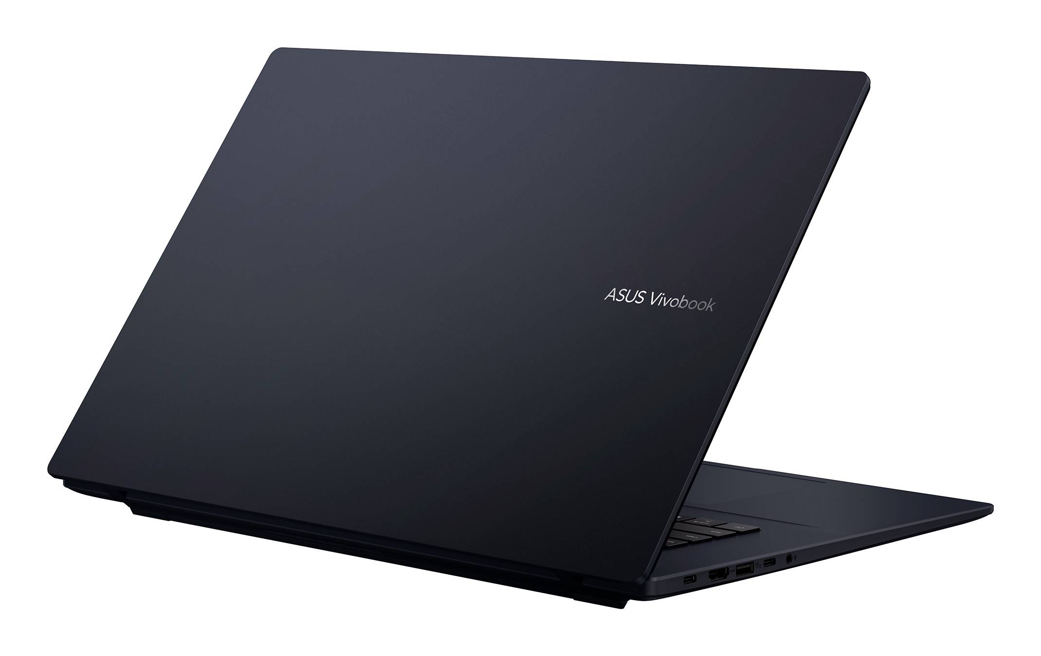 Geschlossener schwarzer ASUS VivoBook-Laptop in Schrägansicht auf weißem Hintergrund, mit sichtbarem Logo auf dem Deckel.