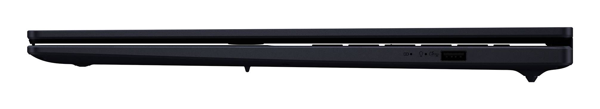 Seitenansicht eines geschlossenen schwarzen Laptops, die sein schlankes Profil zeigt.