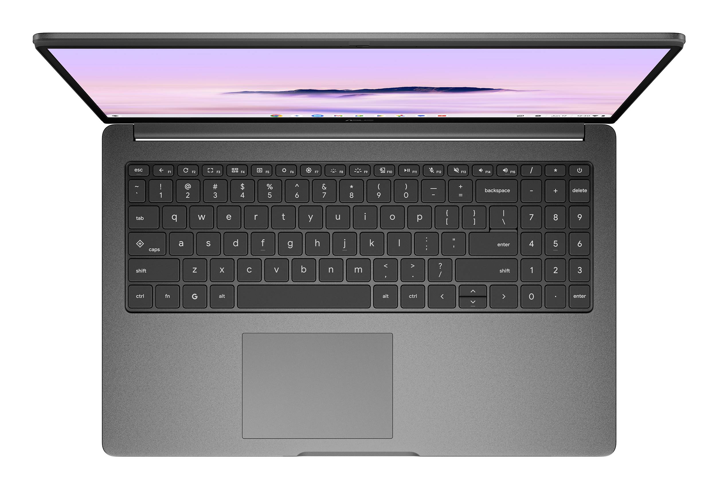 Laptop von oben gesehen mit sichtbarem Bildschirm und vollständiger Tastatur, das eine sanfte Pastelllandschafts-Tapete zeigt.