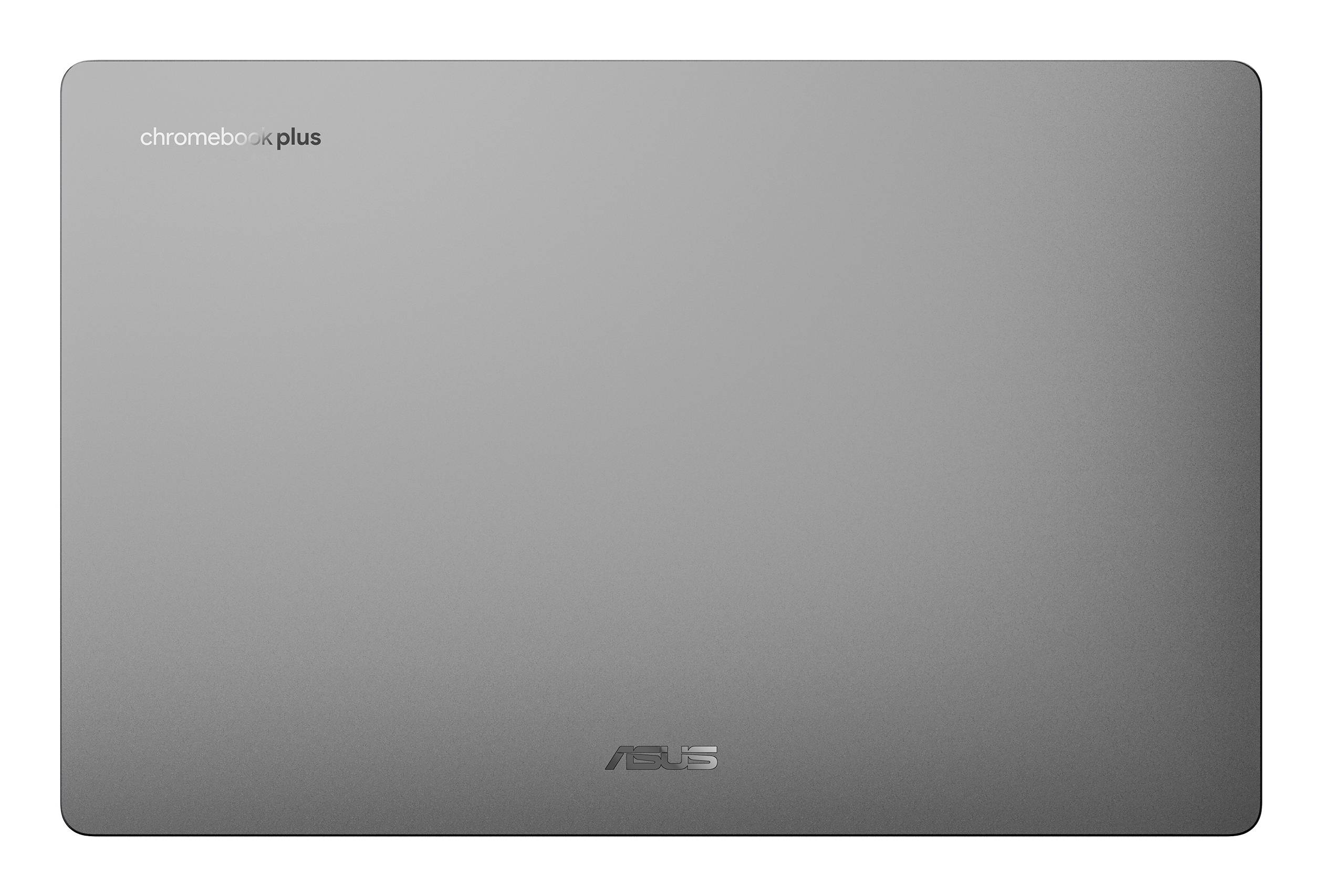 Geschlossenes graues ASUS Chromebook-Laptop von oben betrachtet, mit "chromebook plus"-Branding in der oberen linken Ecke.