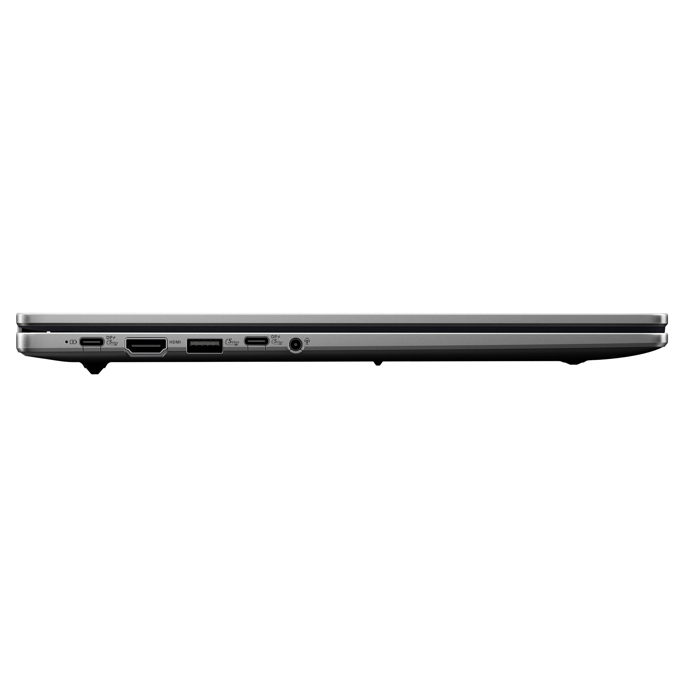 Seitenansicht eines dünnen Laptops, die seine linke Kante mit USB-C-, HDMI-, USB-A- und Audioanschlüssen zeigt.