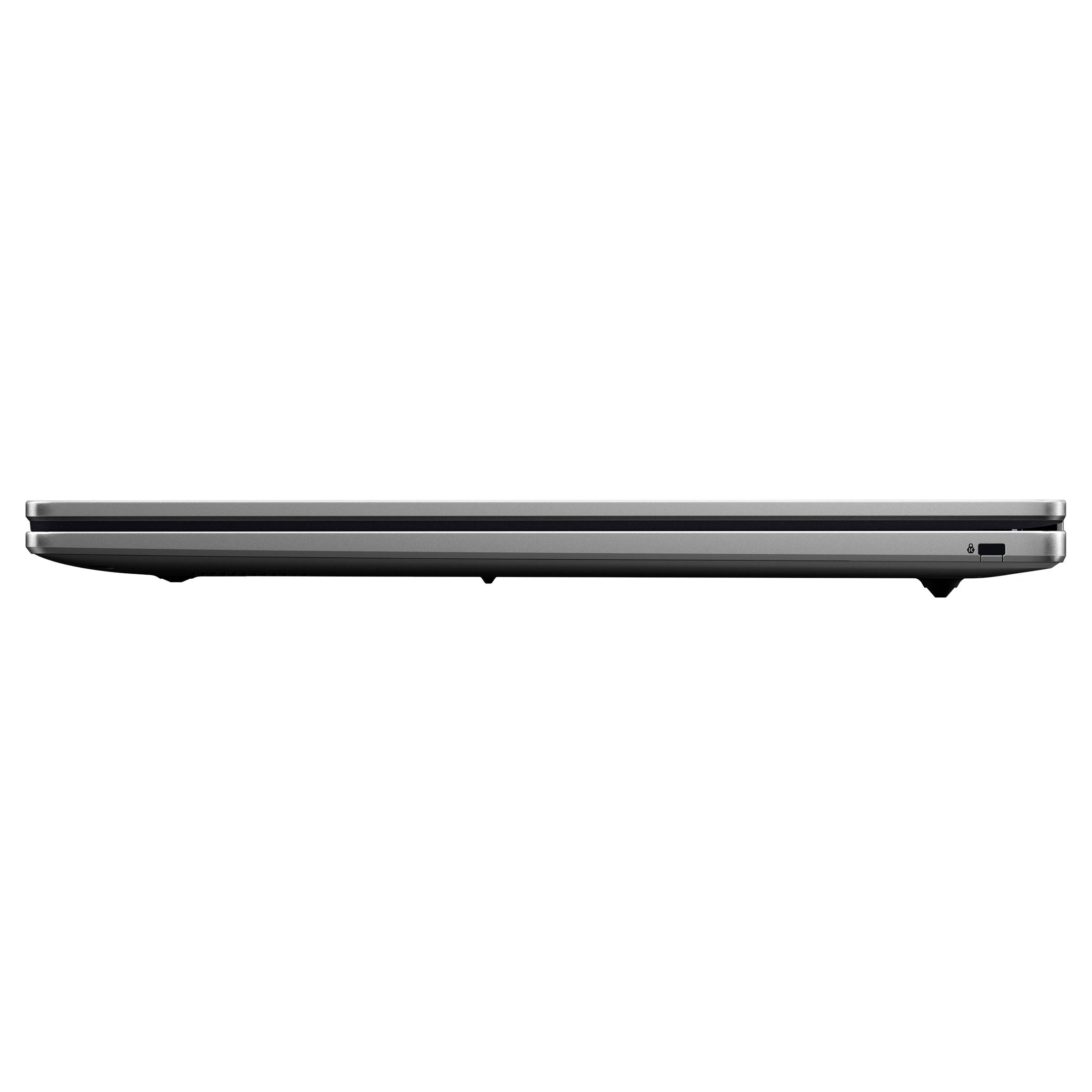 Seitenansicht eines geschlossenen silbernen Laptops, dargestellt auf weißem Hintergrund.