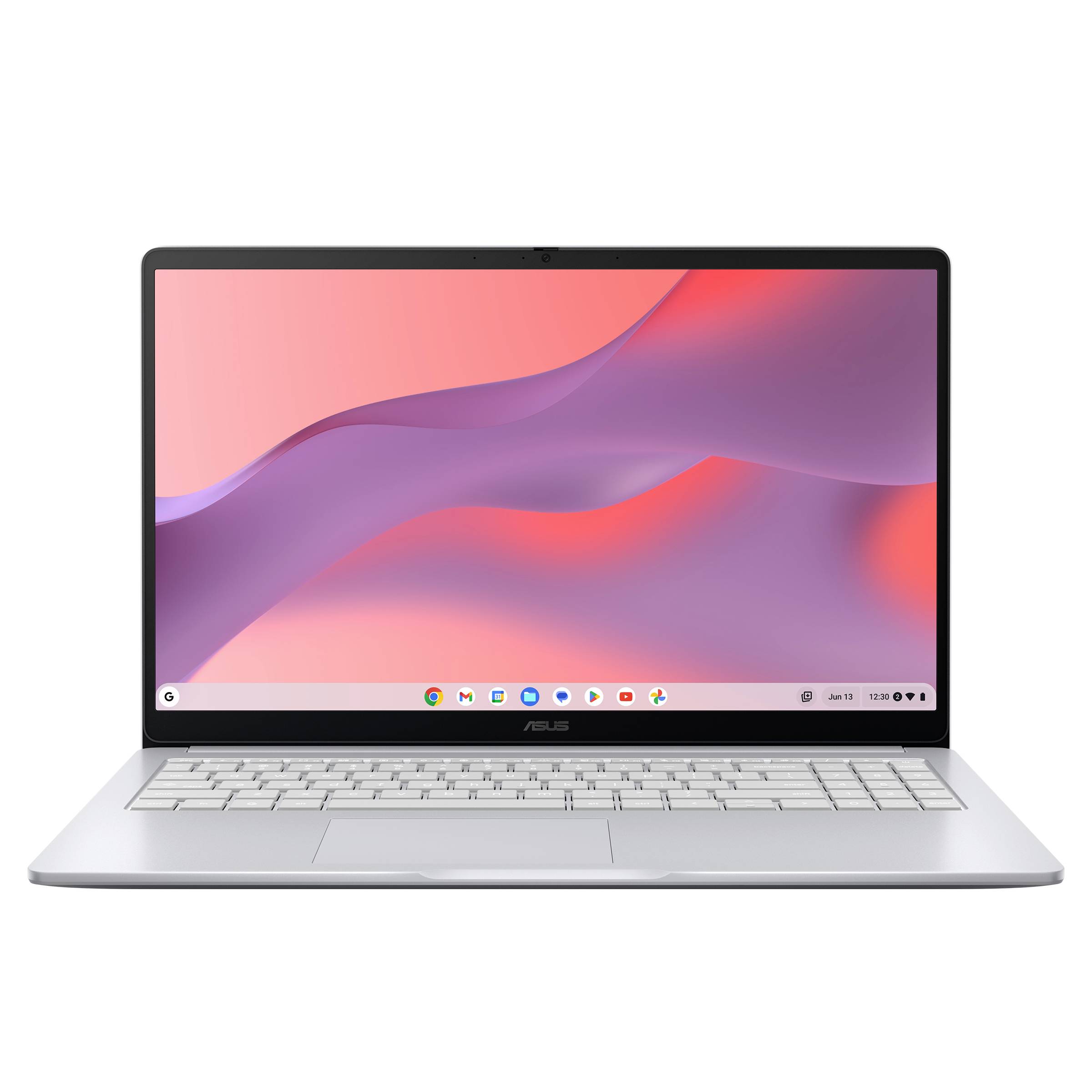 Silberner ASUS-Laptop, offen mit buntem abstraktem Hintergrundbild auf dem Bildschirm, in Frontalansicht auf weißem Hintergrund dargestellt.