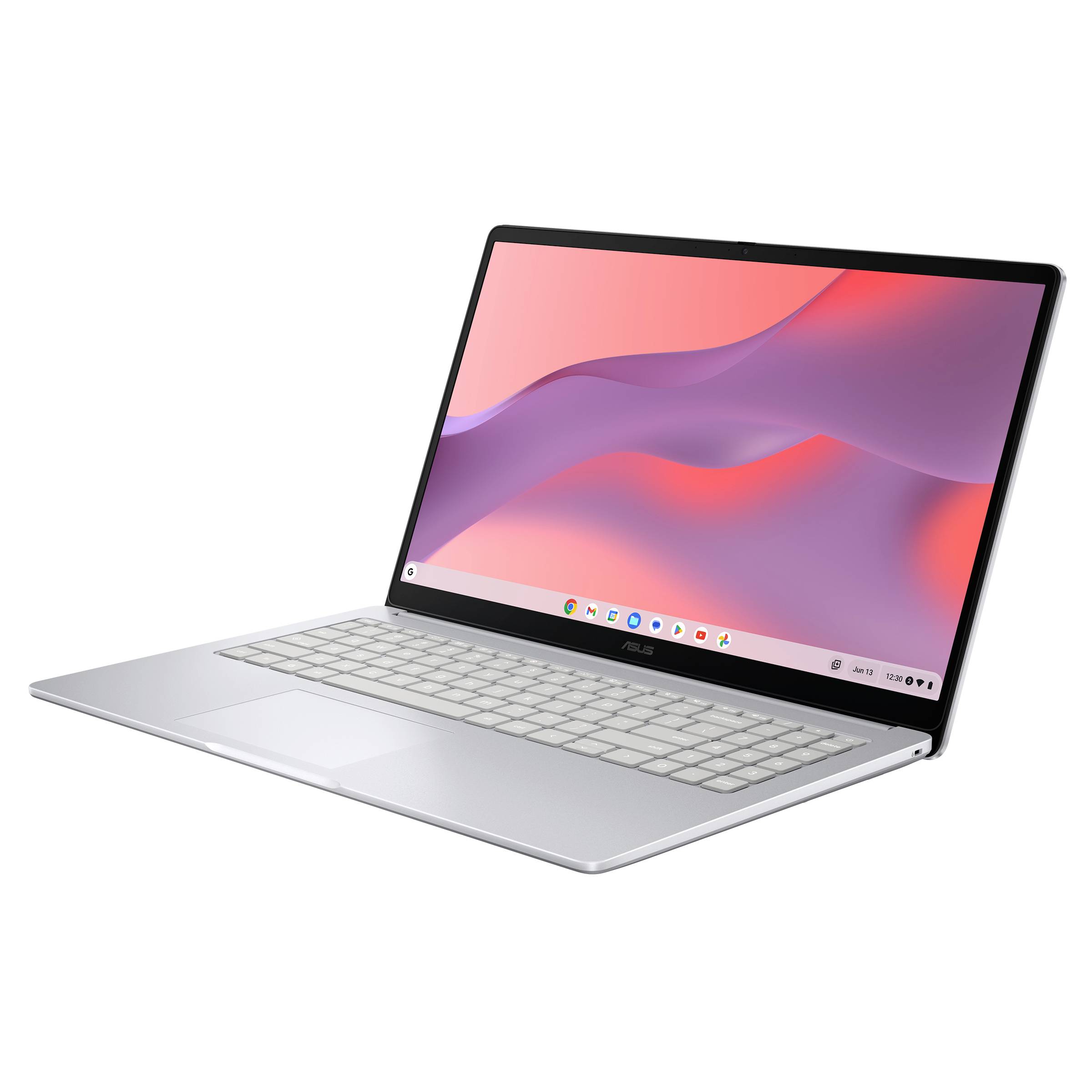 Silberner ASUS-Laptop in einem Winkel offen, zeigt einen farbenfrohen rosa-violetten Desktop auf dem Bildschirm.