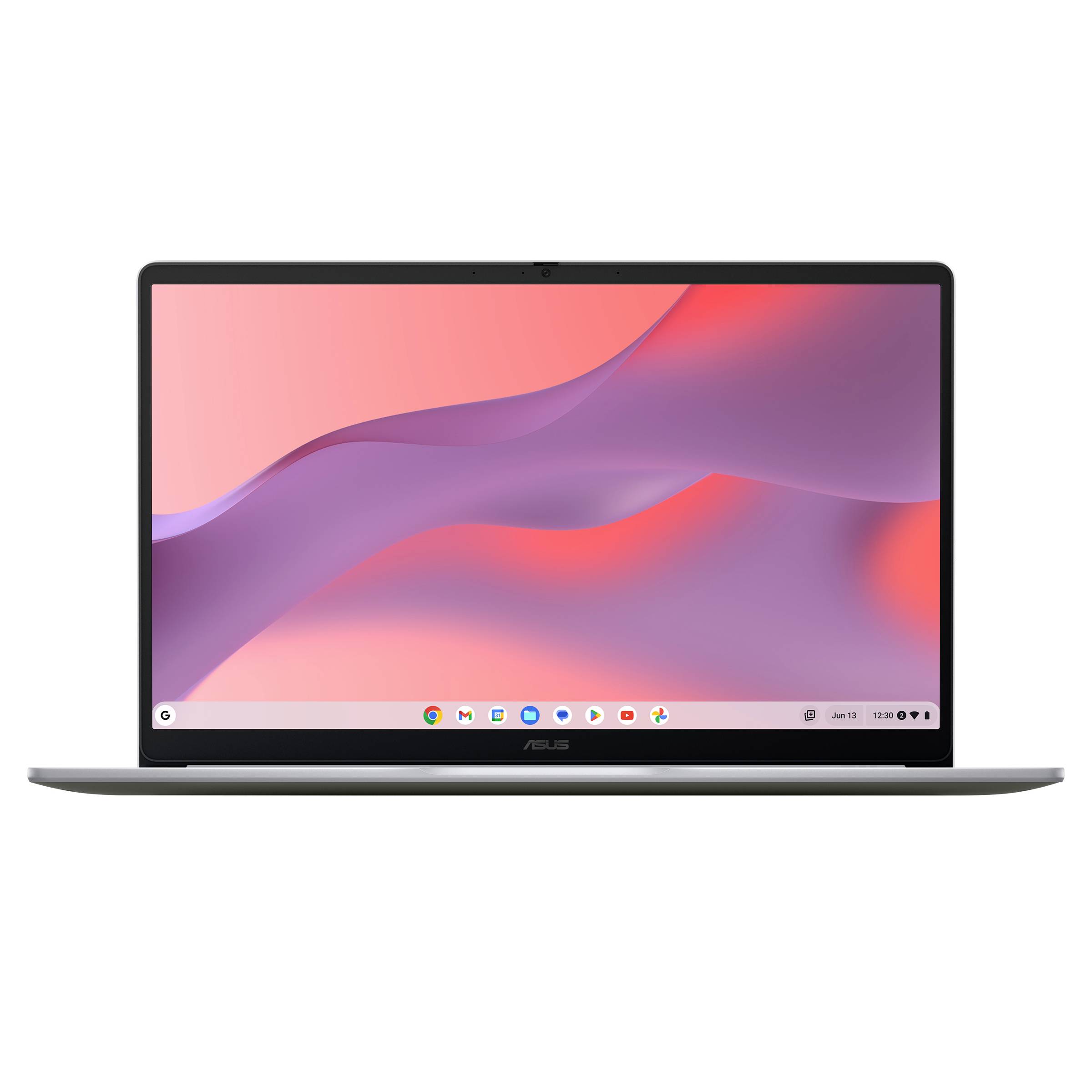 Ein silberner Laptop, geöffnet auf weißem Hintergrund, zeigt einen pastellrosa und lila abstrakten Desktop mit einer Taskleiste am unteren Rand.
