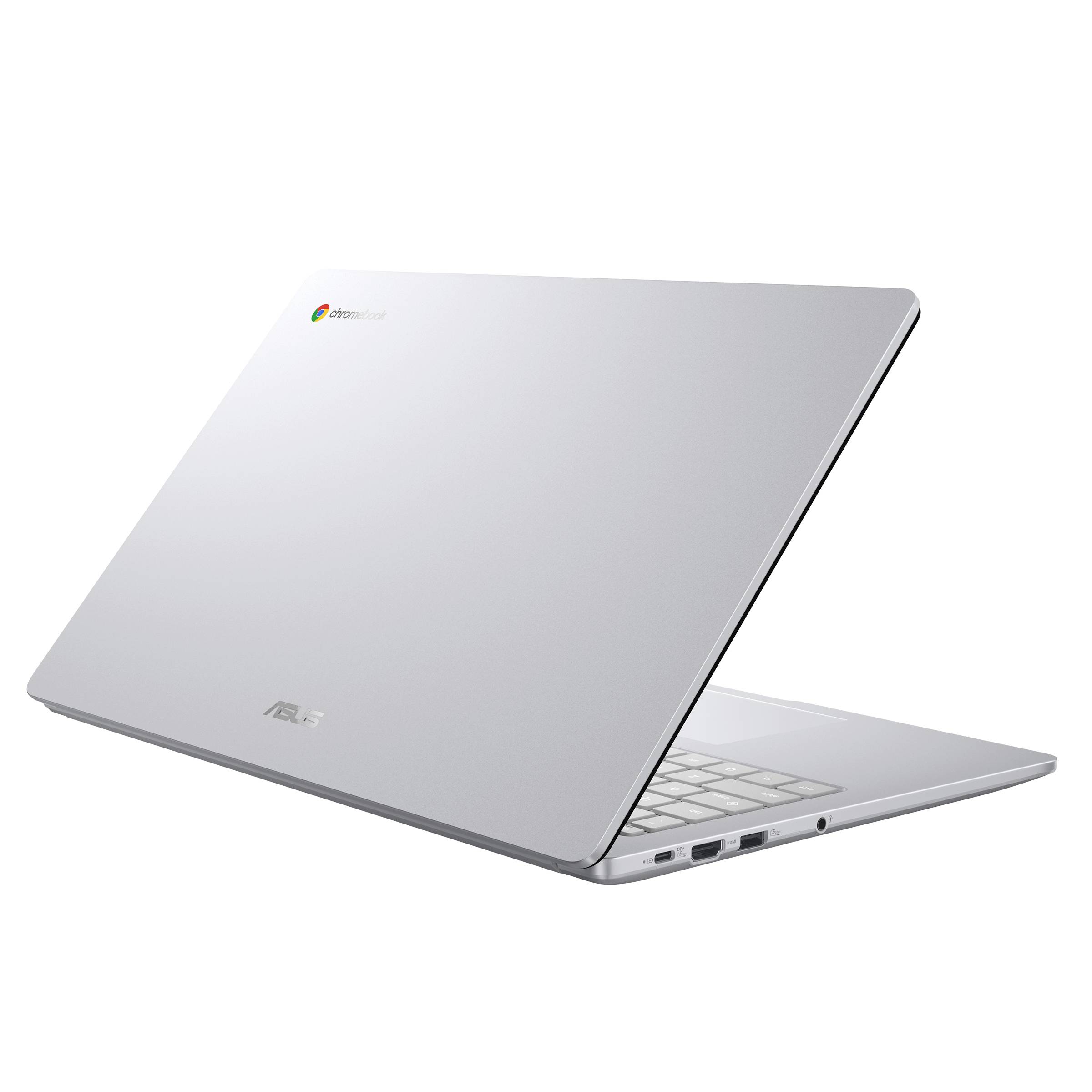 Silberner ASUS Chromebook-Laptop, teilweise geöffnet auf weißem Hintergrund, mit sichtbarer Tastatur und seitlichen Anschlüssen.
