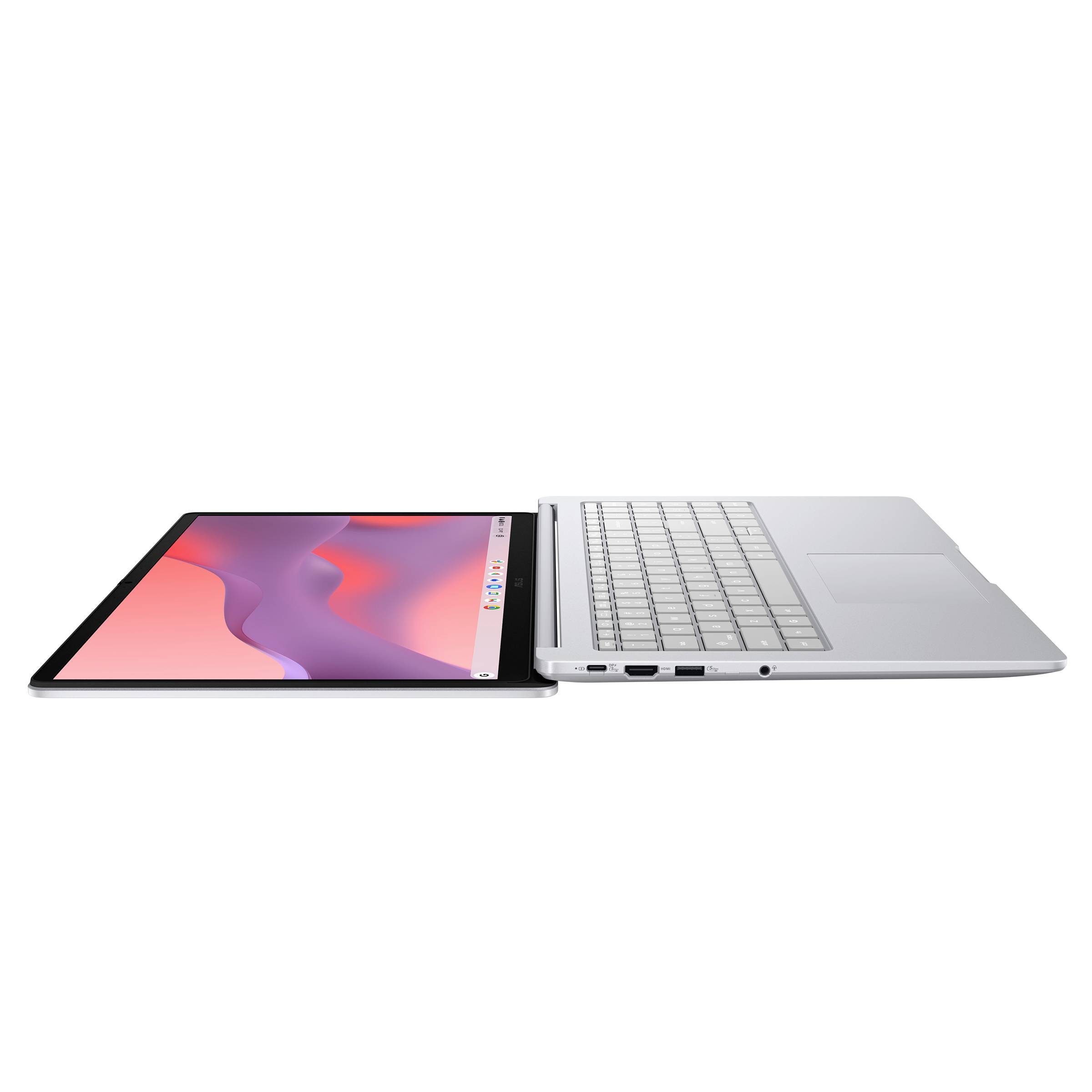 Zugeklappter silberner Laptop, der Seite an Seite mit seinem abnehmbaren tablet-ähnlichen Bildschirm gezeigt wird, der auf weißem Hintergrund ein rosa und lila abstraktes Hintergrundbild anzeigt.