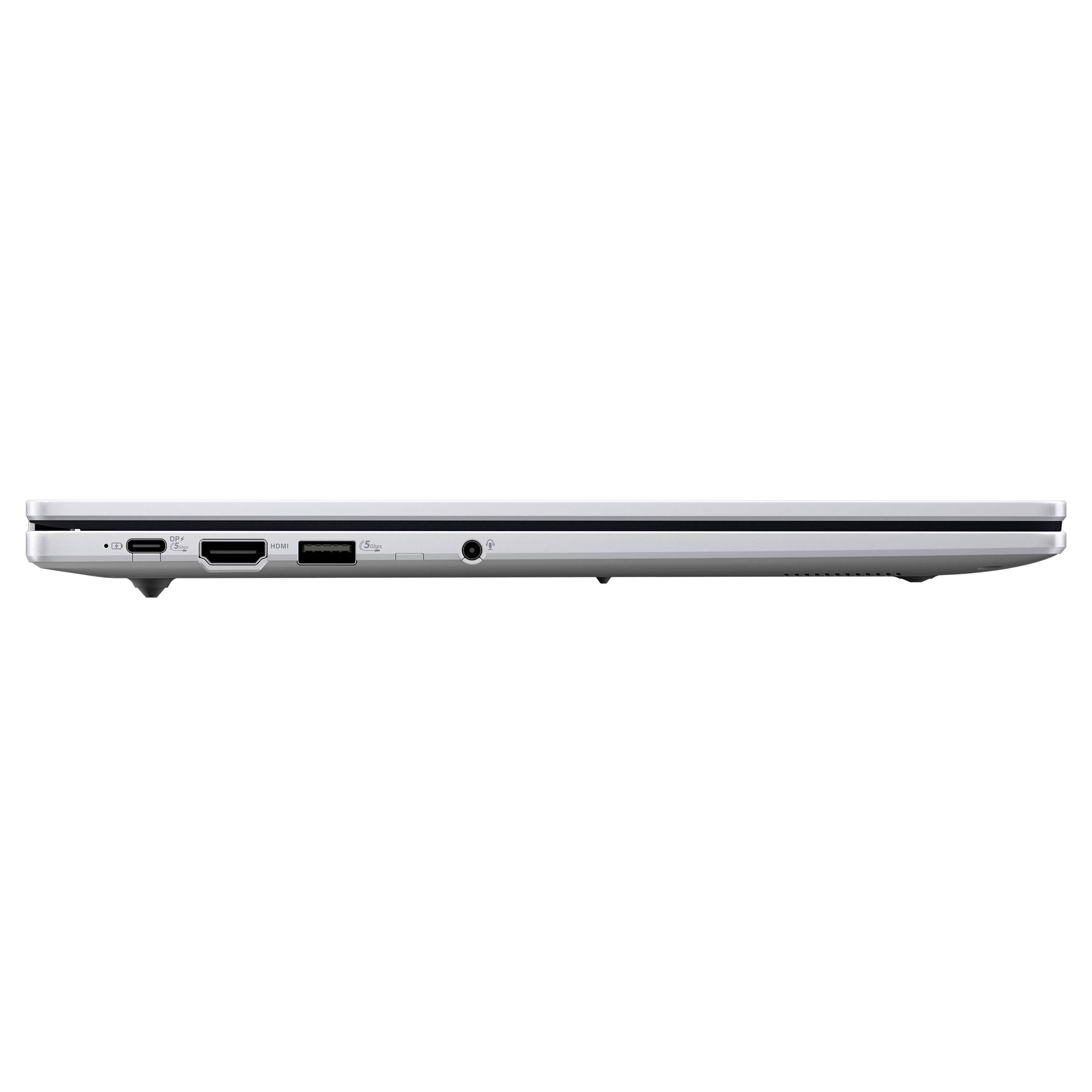 Seitenansicht eines silbernen Laptops mit Anschlüssen und Kopfhörerbuchse an der linken Kante.