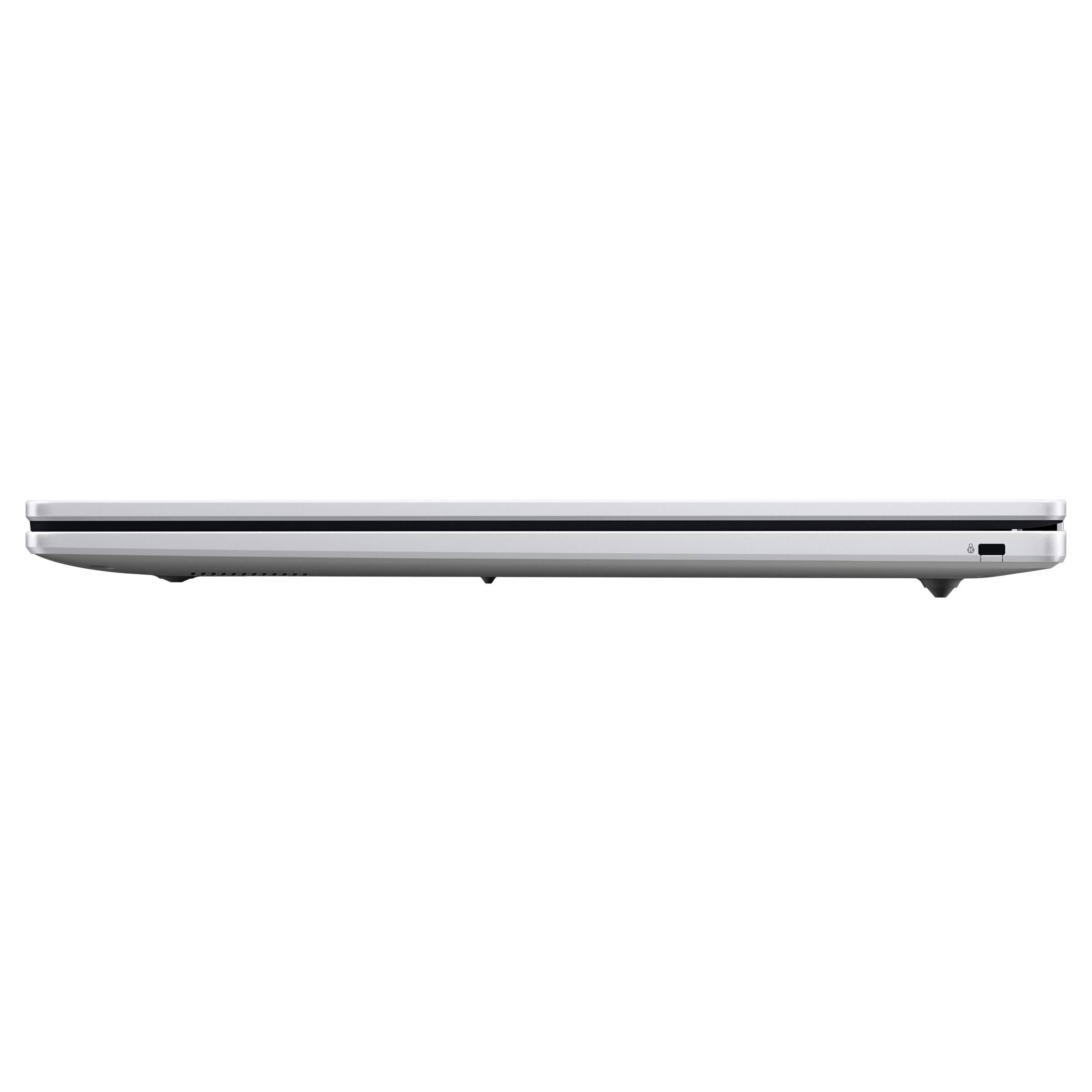 Dünner silberner Laptop, der in Seitenansicht auf weißem Hintergrund gezeigt wird.