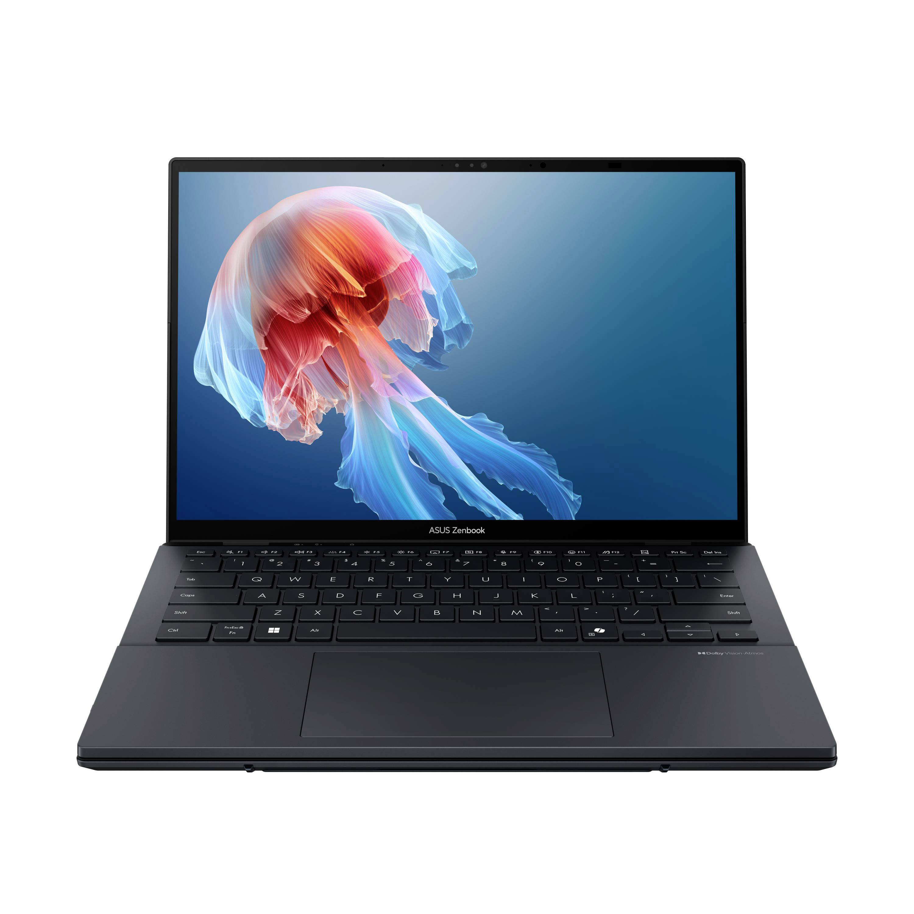 Vorderansicht eines schwarzen ASUS Zenbook-Laptops mit einer bunten Qualle auf dem Bildschirm.