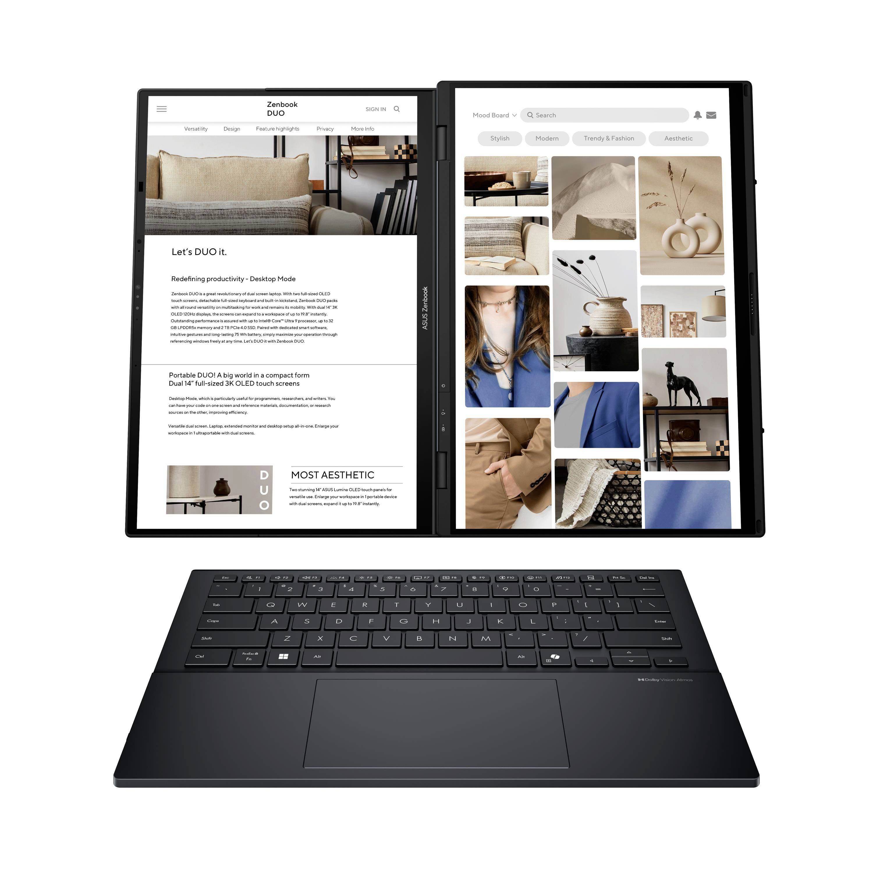 Laptop mit zwei Bildschirmen und abnehmbarem Tablet-Display, das auf der linken Seite eine Produktivitäts-Webseite und auf der rechten Seite eine Foto-Galerie-App zeigt, plus Tastatur darunter.