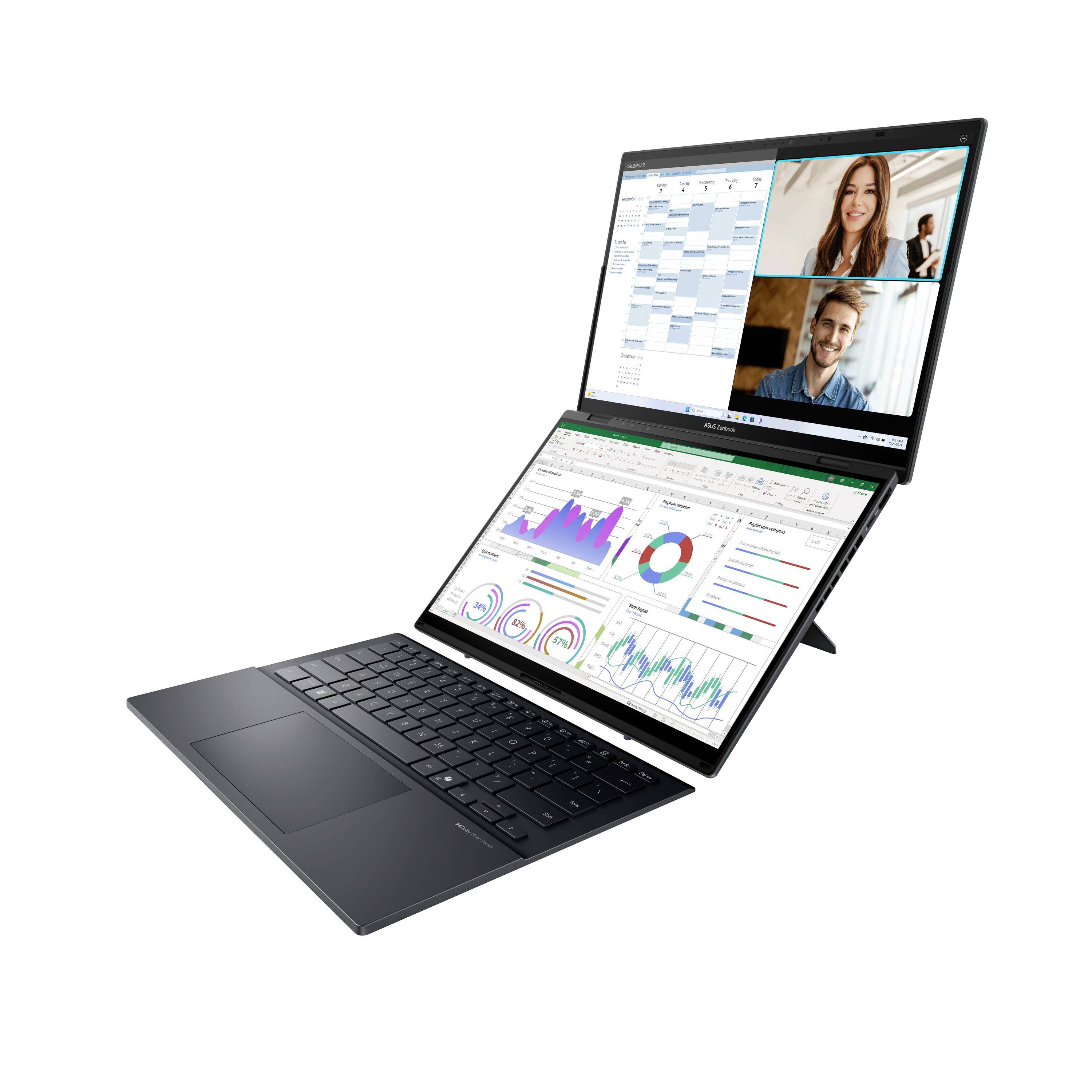 Laptop mit zwei Bildschirmen zeigt eine Videokonferenz auf dem oberen Display und Business-Analytics-Diagramme auf dem unteren Display.
