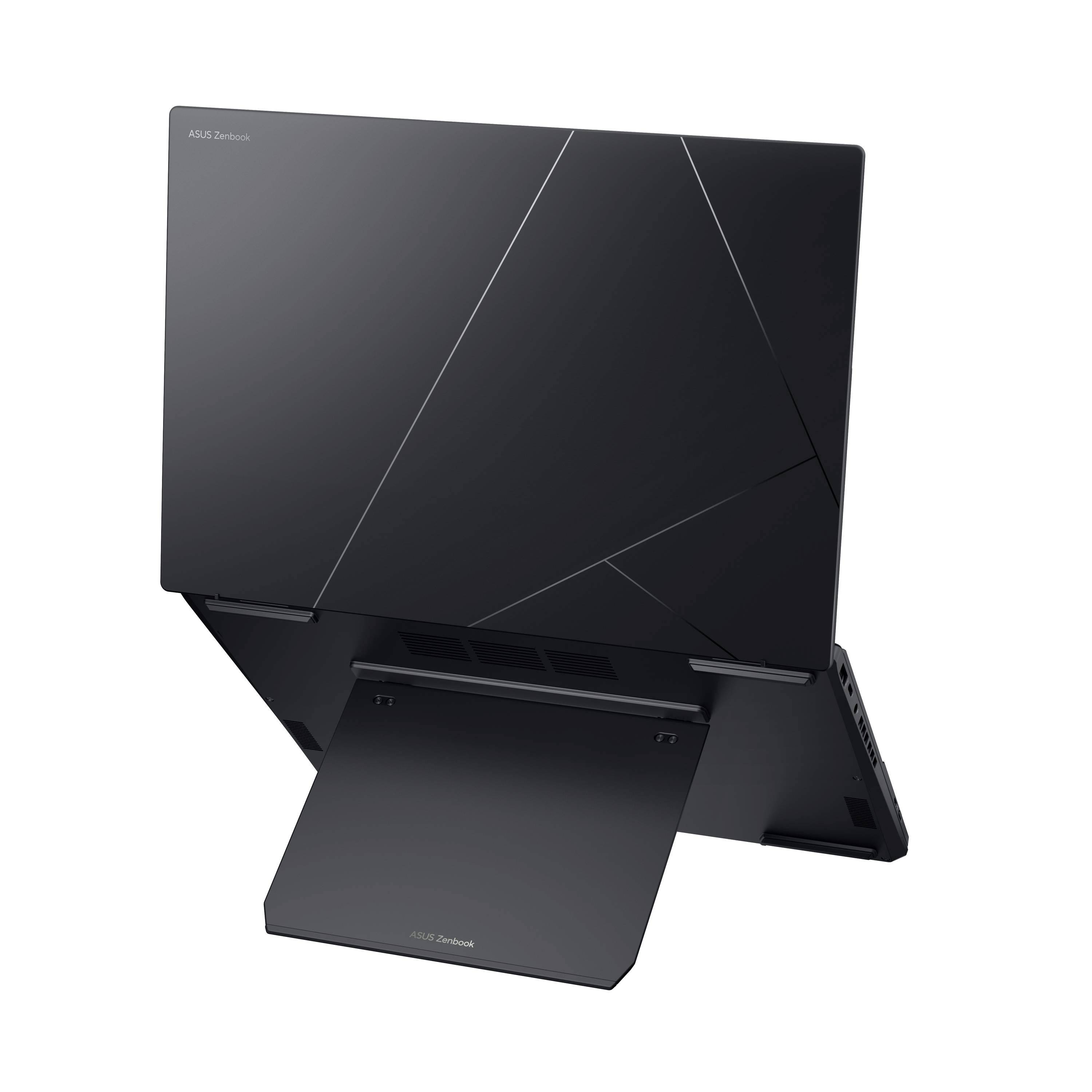 Schwarzes ASUS Zenbook-Laptop, teilweise offen auf einem ständerähnlichen Rückwinkel gezeigt, mit einem eleganten geometrischen Deckeldesign.