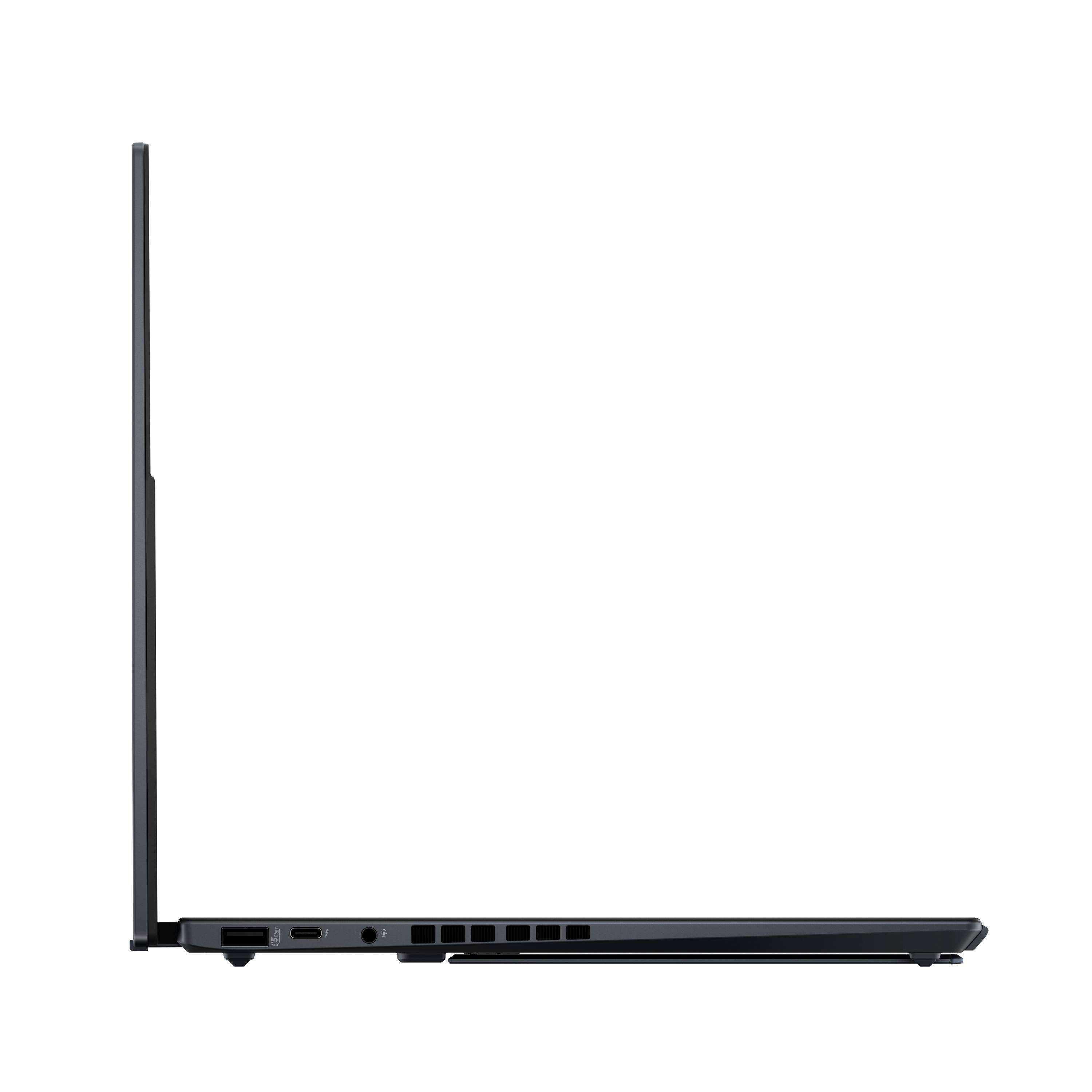 Seitenansicht eines offenen schwarzen Laptops mit dünnem Profil und angehobenem Deckel, das Anschlüsse an der linken Kante zeigt.