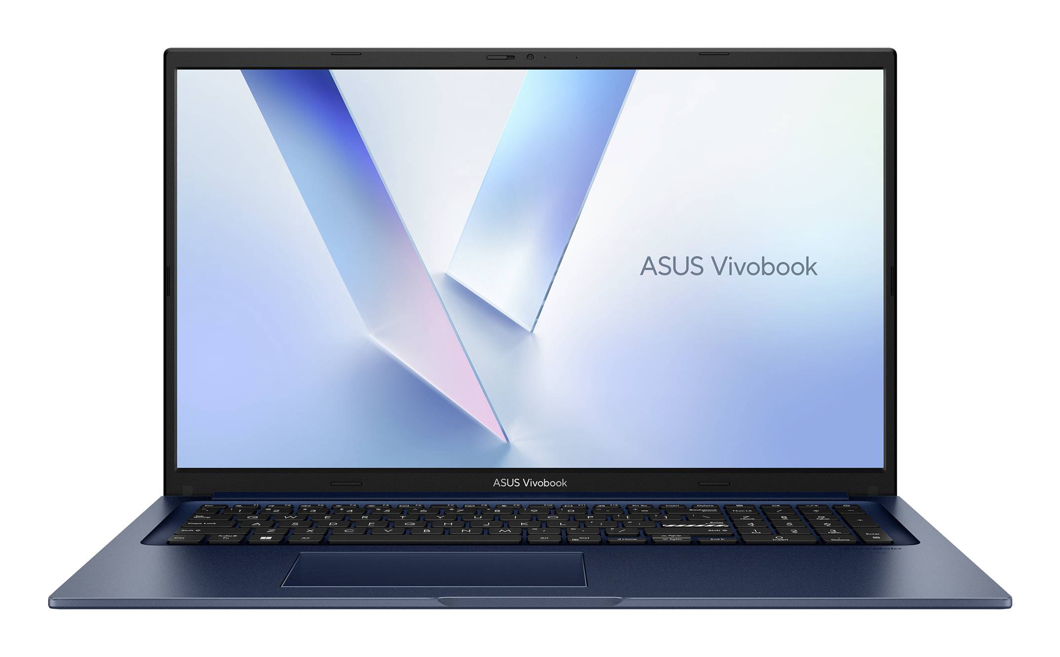 ASUS Vivobook Laptop geöffnet, zeigt das ASUS Vivobook Logo auf einem hellblauen abstrakten Bildschirm.