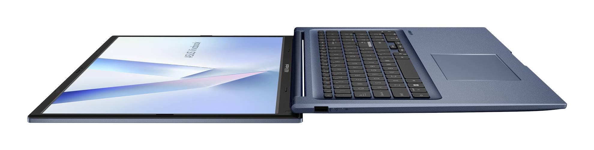 Schlanker Laptop in Seitenansicht gezeigt, mit Bildschirm auf der linken und Tastatur auf der rechten Seite, die ein dünnes Profil zeigt.