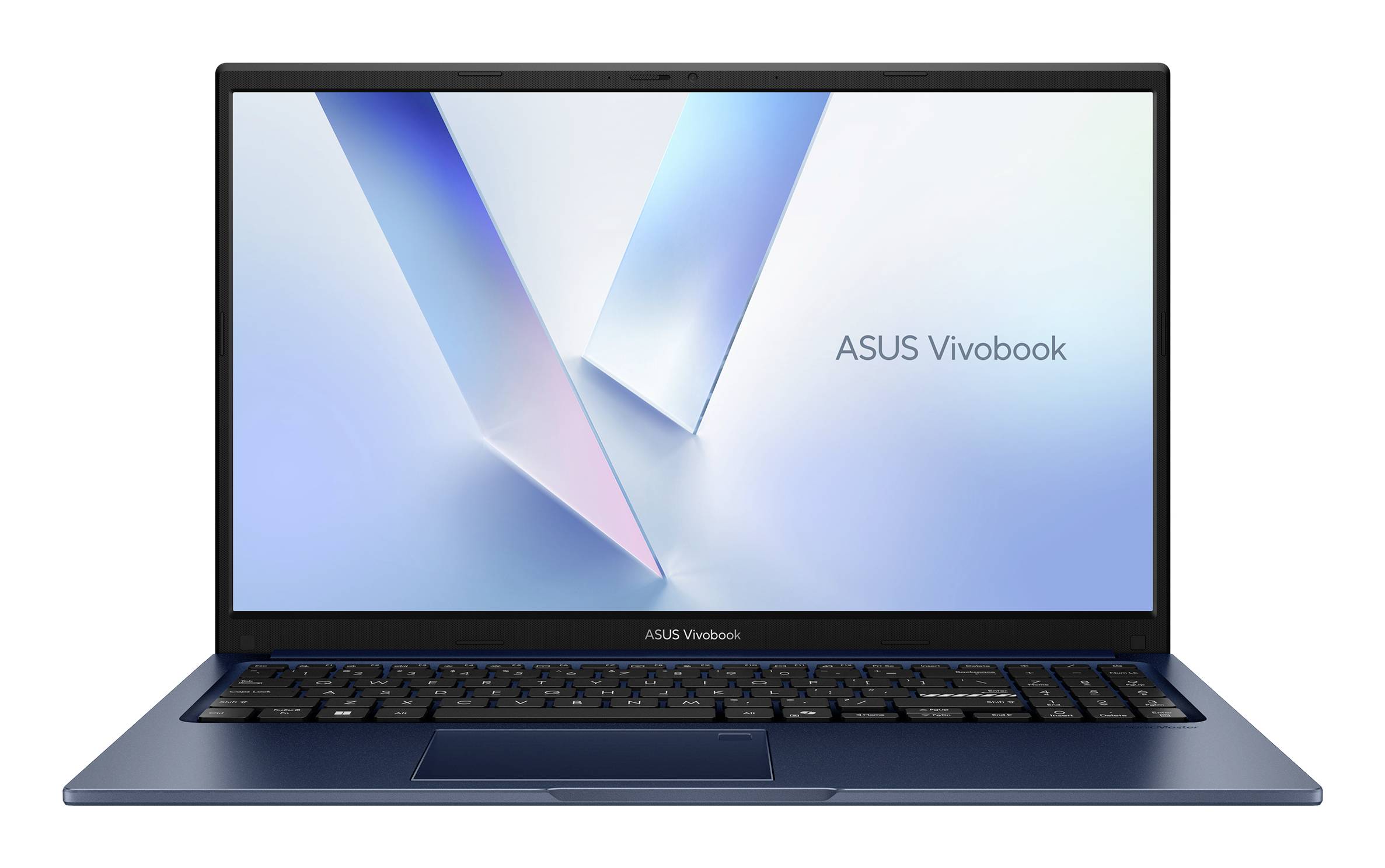 Frontansicht eines offenen ASUS Vivobook Laptops auf weißem Hintergrund mit dem Bildschirm mit 