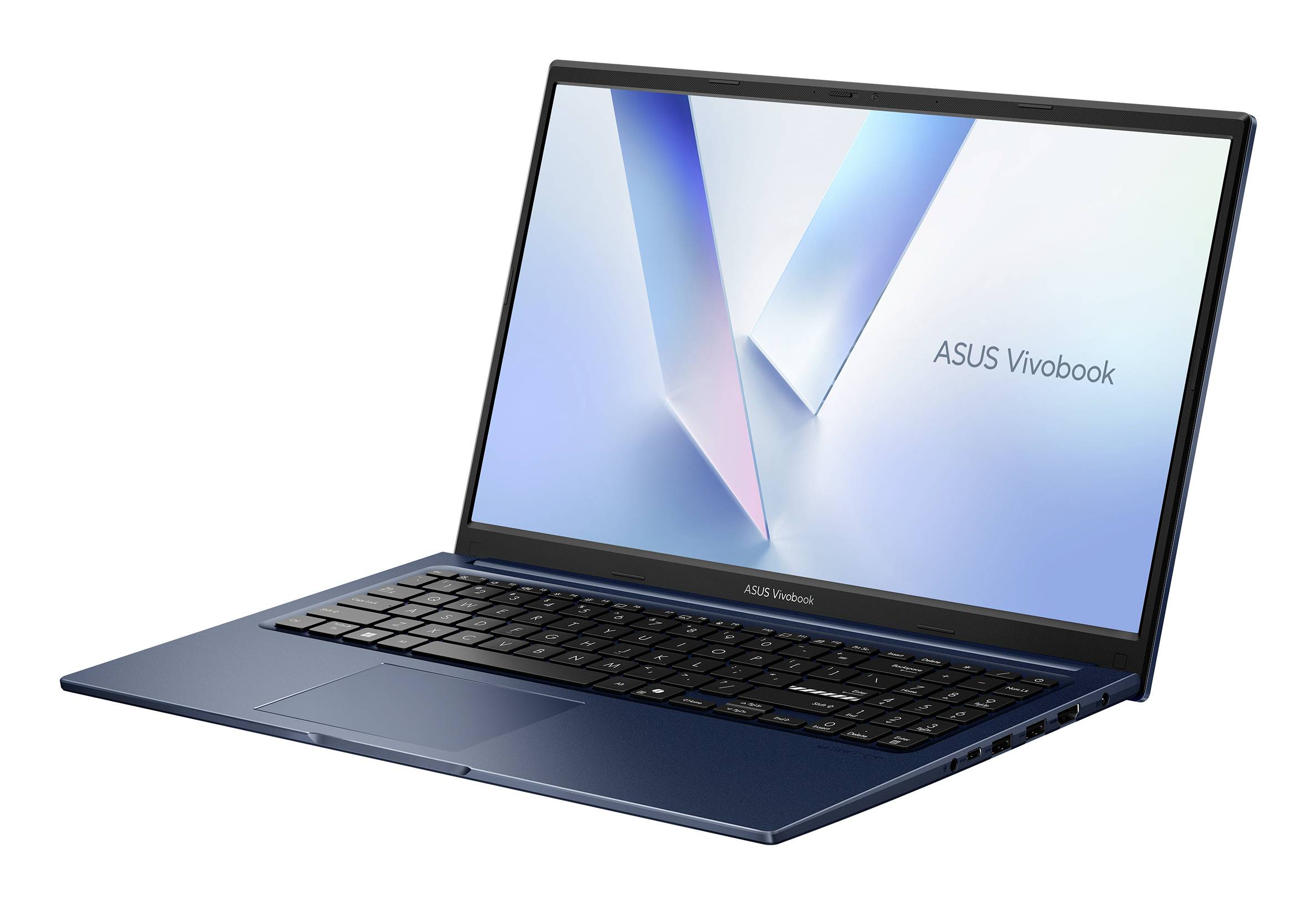 Aufgeklappter ASUS Vivobook Laptop, der in einem Winkel auf weißem Hintergrund gezeigt wird, mit dem Vivobook-Logo auf dem Bildschirm.
