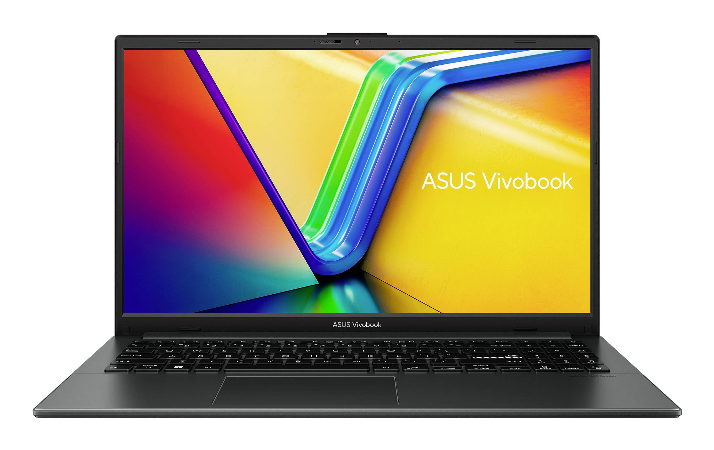 Vorderansicht eines ASUS Vivobook Laptops mit eingeschaltetem Bildschirm, der eine farbenfrohe abstrakte Tapete und den Text „ASUS Vivobook