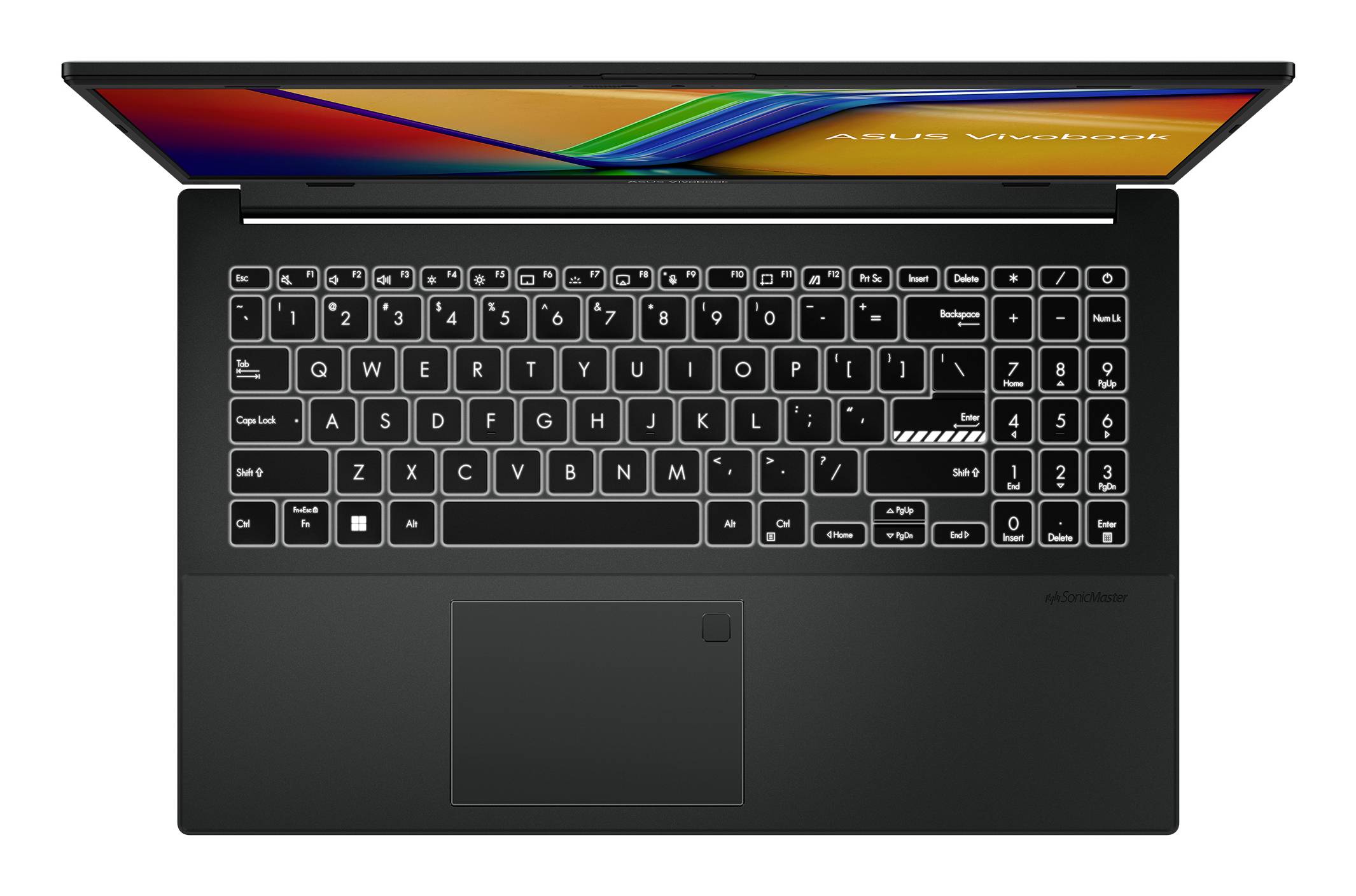 Ansicht von oben auf einen schwarzen ASUS Vivobook-Laptop mit Tastatur, großem Touchpad und teilweise geöffnetem farbenfrohem Display.