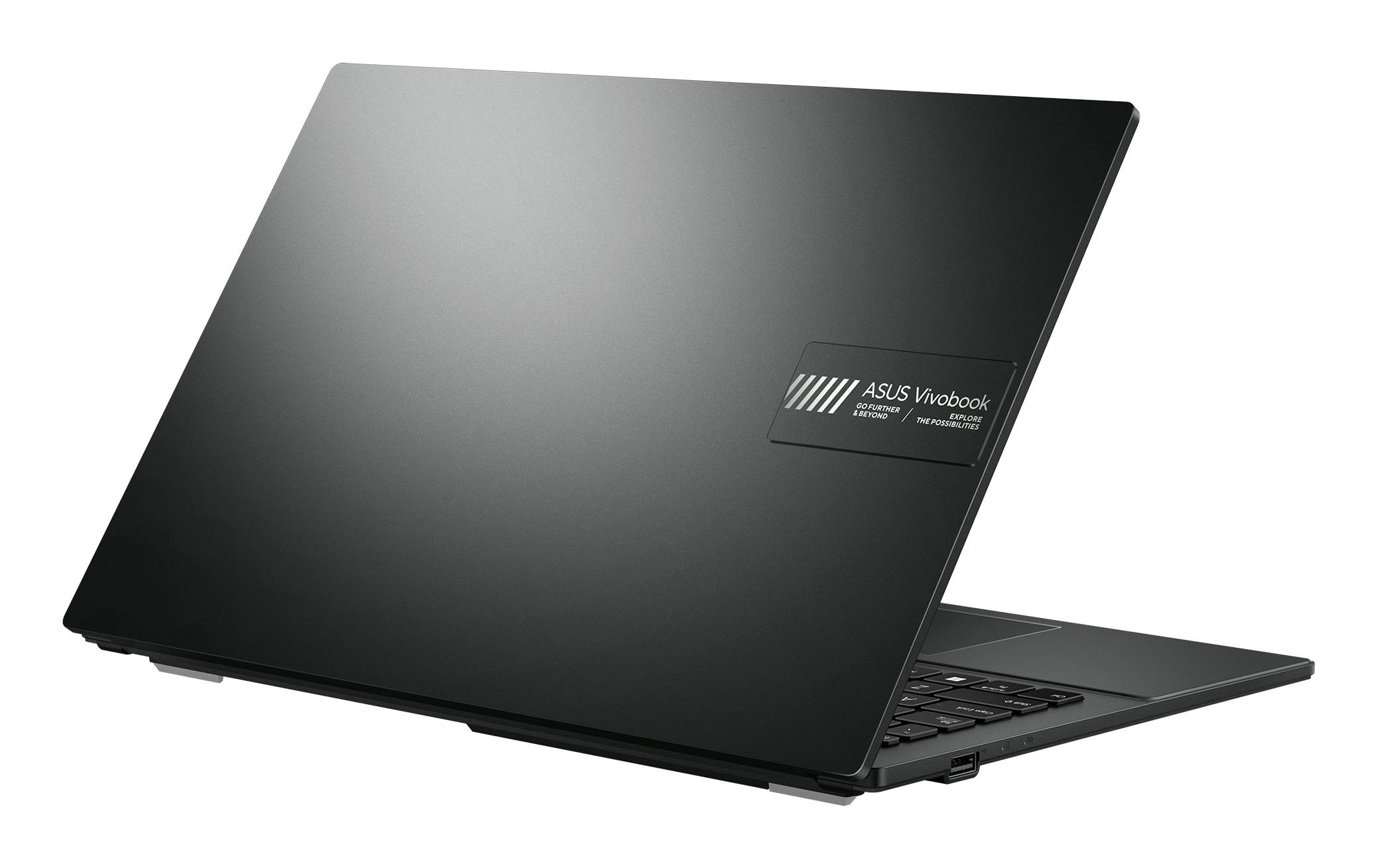 Offenes schwarzes ASUS VivoBook Laptop in einem Winkel auf weißem Hintergrund, Deckel teilweise geschlossen mit sichtbarem Logo und freiliegender Tastatur.