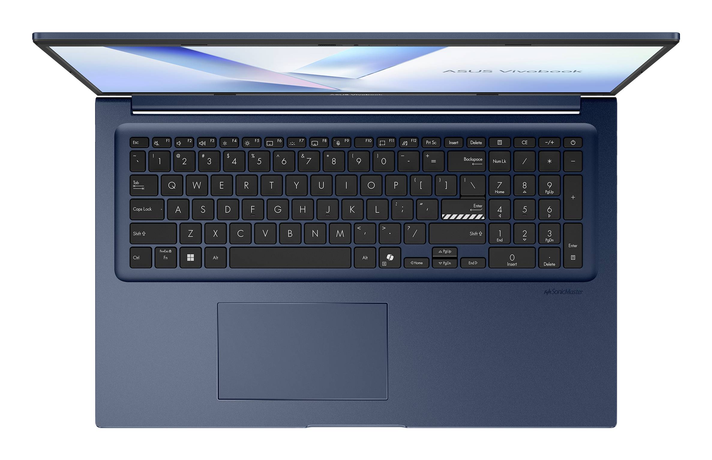 Draufsicht auf einen offenen blauen Laptop, der die Tastatur und das große Touchpad auf einem schlichten weißen Hintergrund zeigt.