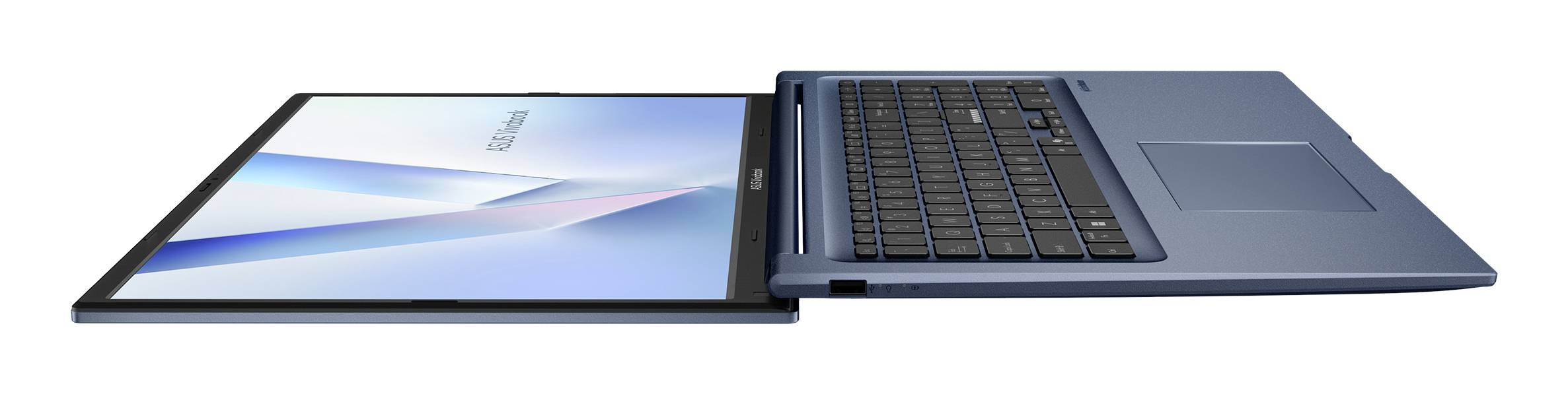 Laptop im Seitenprofil gezeigt, mit Hervorhebung eines dünnen Bildschirms und einer Tastaturablage mit Touchpad.