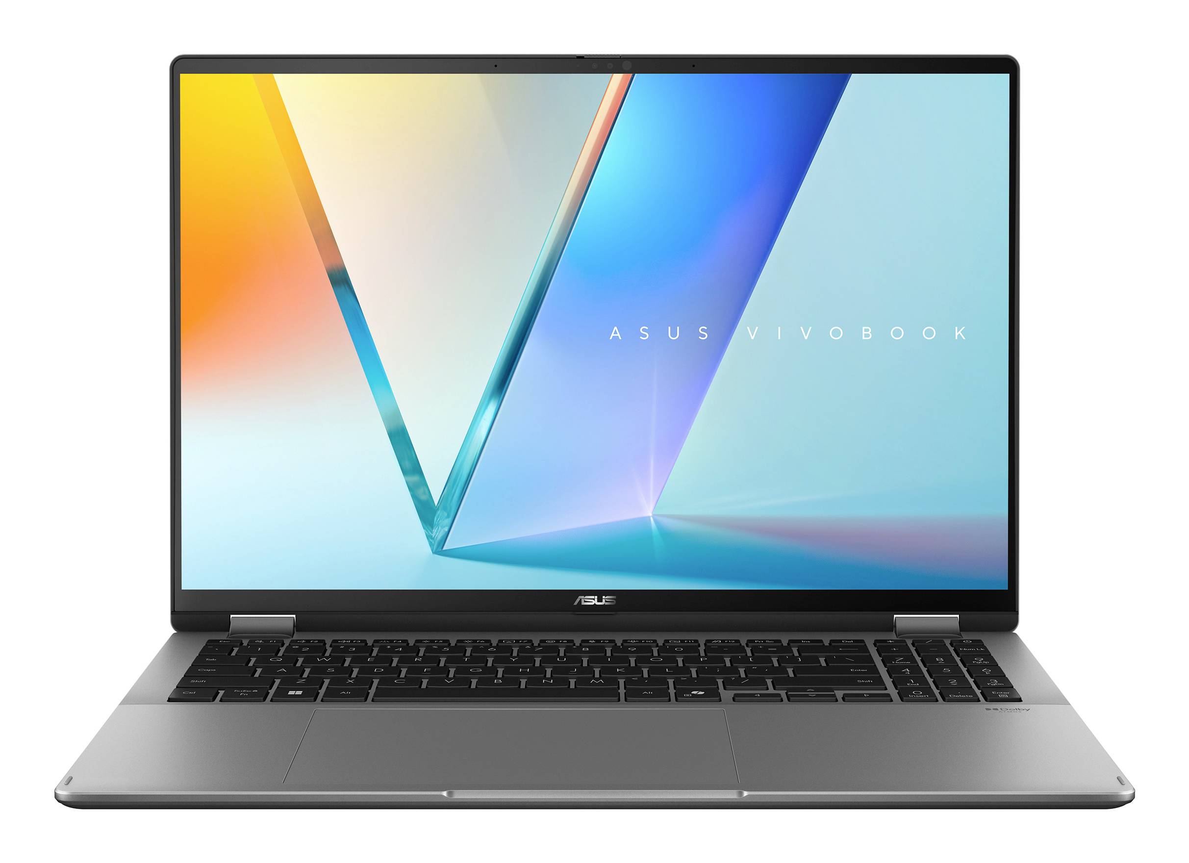 ASUS VivoBook Laptop offen auf weißem Hintergrund, zeigt eine farbenfrohe geometrische Tapete auf dem Bildschirm.