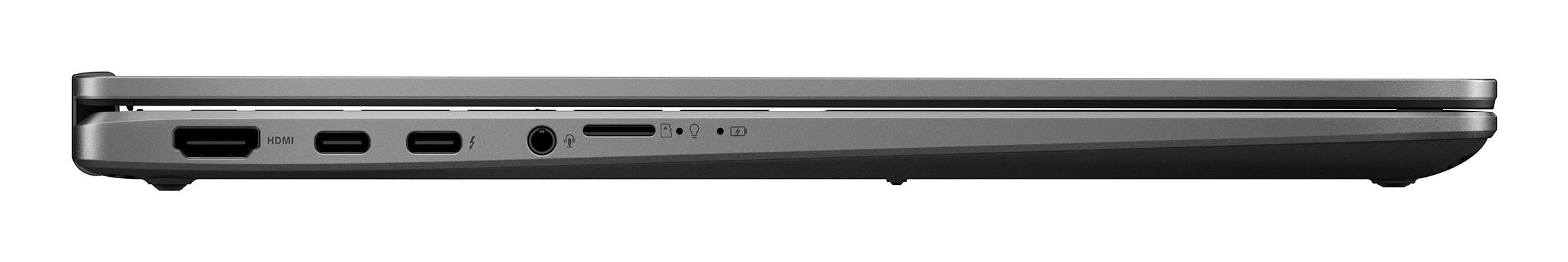 Seitenansicht eines geschlossenen Laptops mit der linken Kante, Anschlüssen und einem schlanken silber-schwarzen Gehäuse.